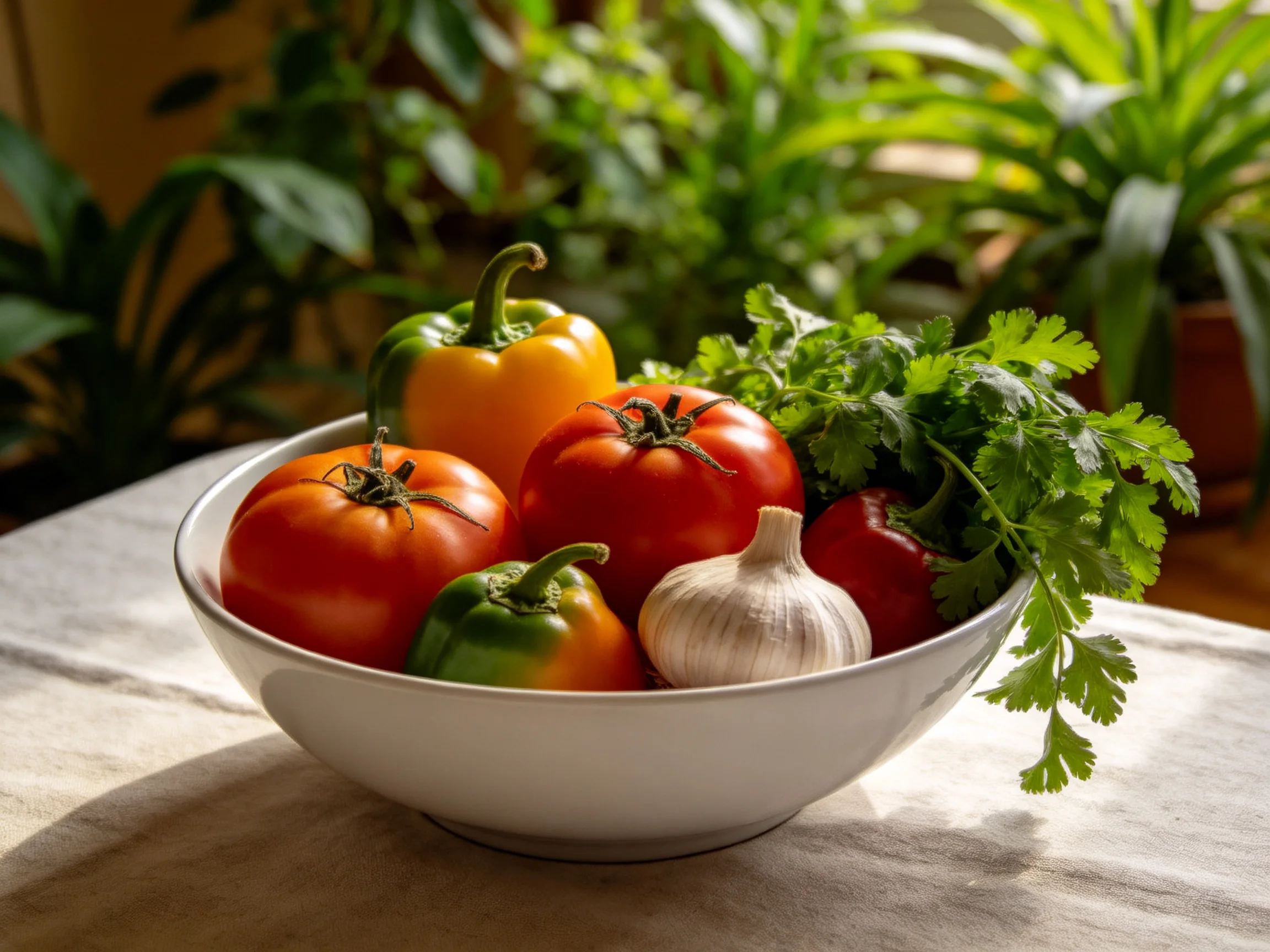 A white bowl holds colorful veggies, garlic, and herbs near leafy plants