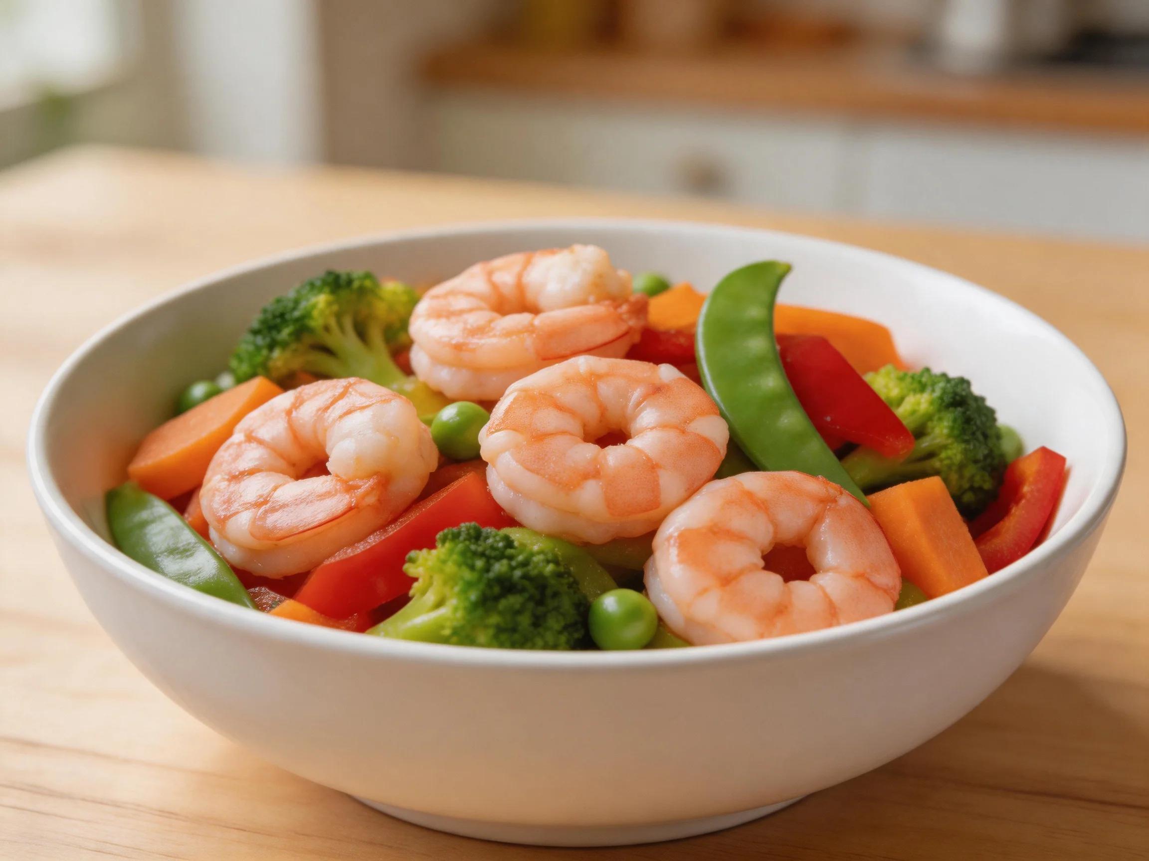A white bowl holds four cooked shrimp with vibrant mixed vegetables