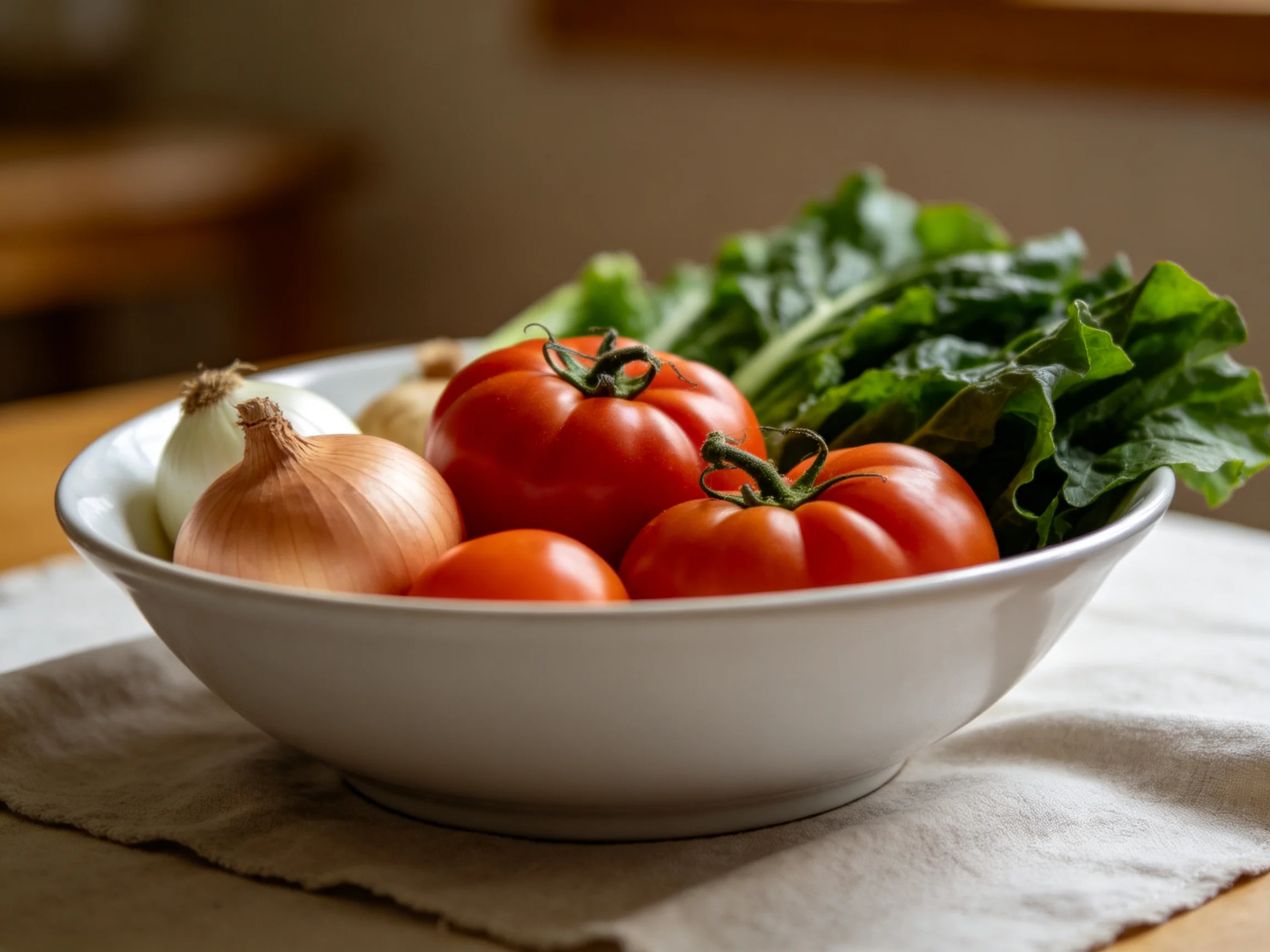 A white bowl holds fresh tomatoes, onions, and leafy greens