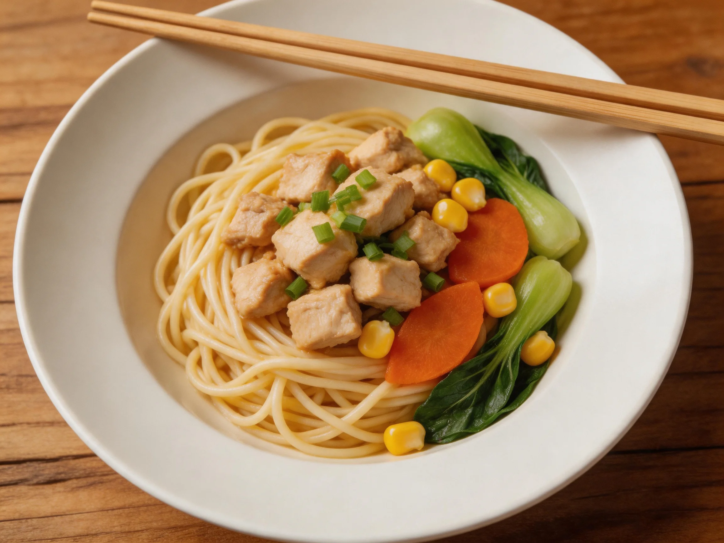 A white bowl holds noodles with chicken cubes, corn, carrot slices, and bok choy