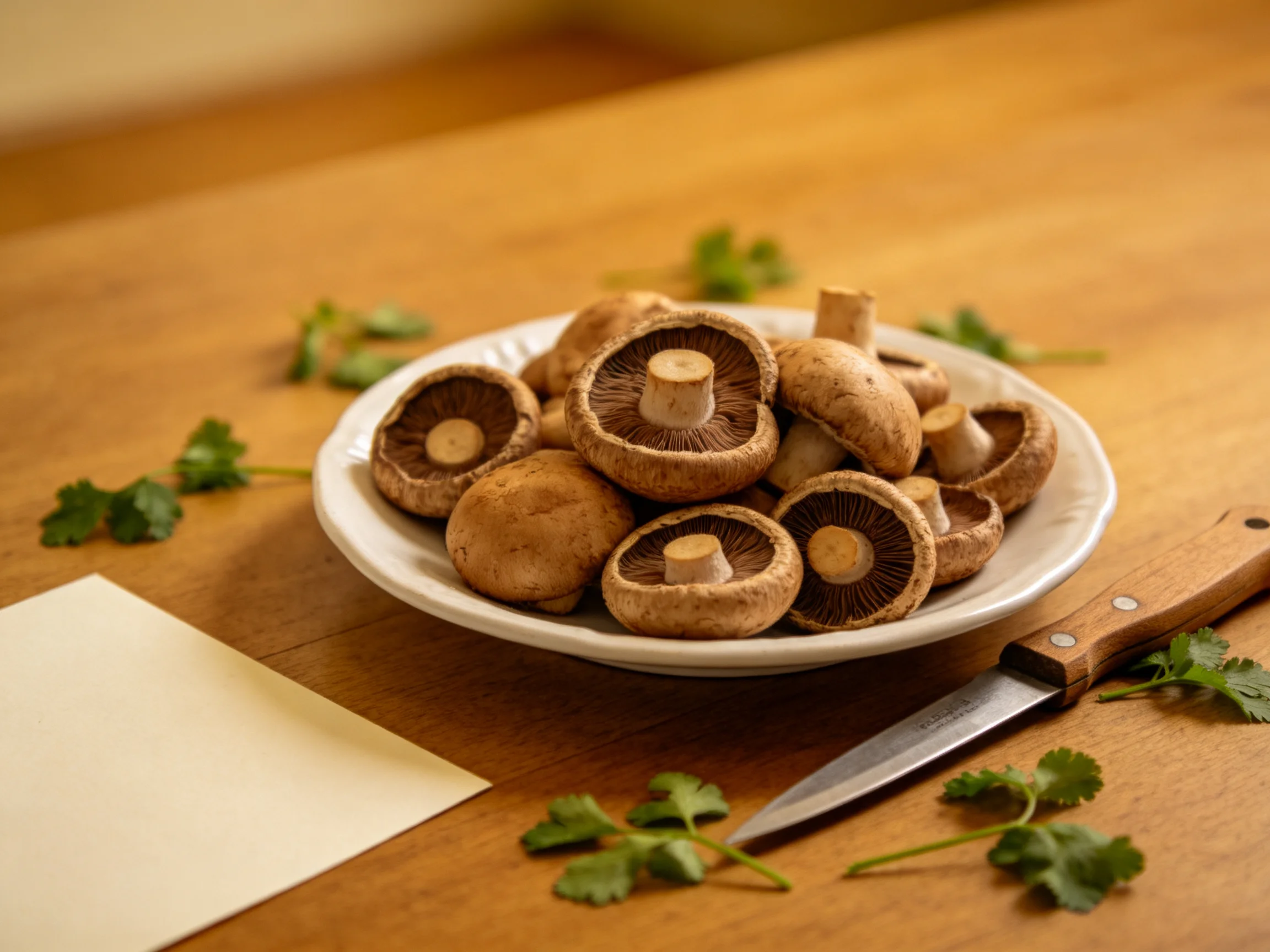 A white bowl holds numerous brown mushrooms on a wooden table