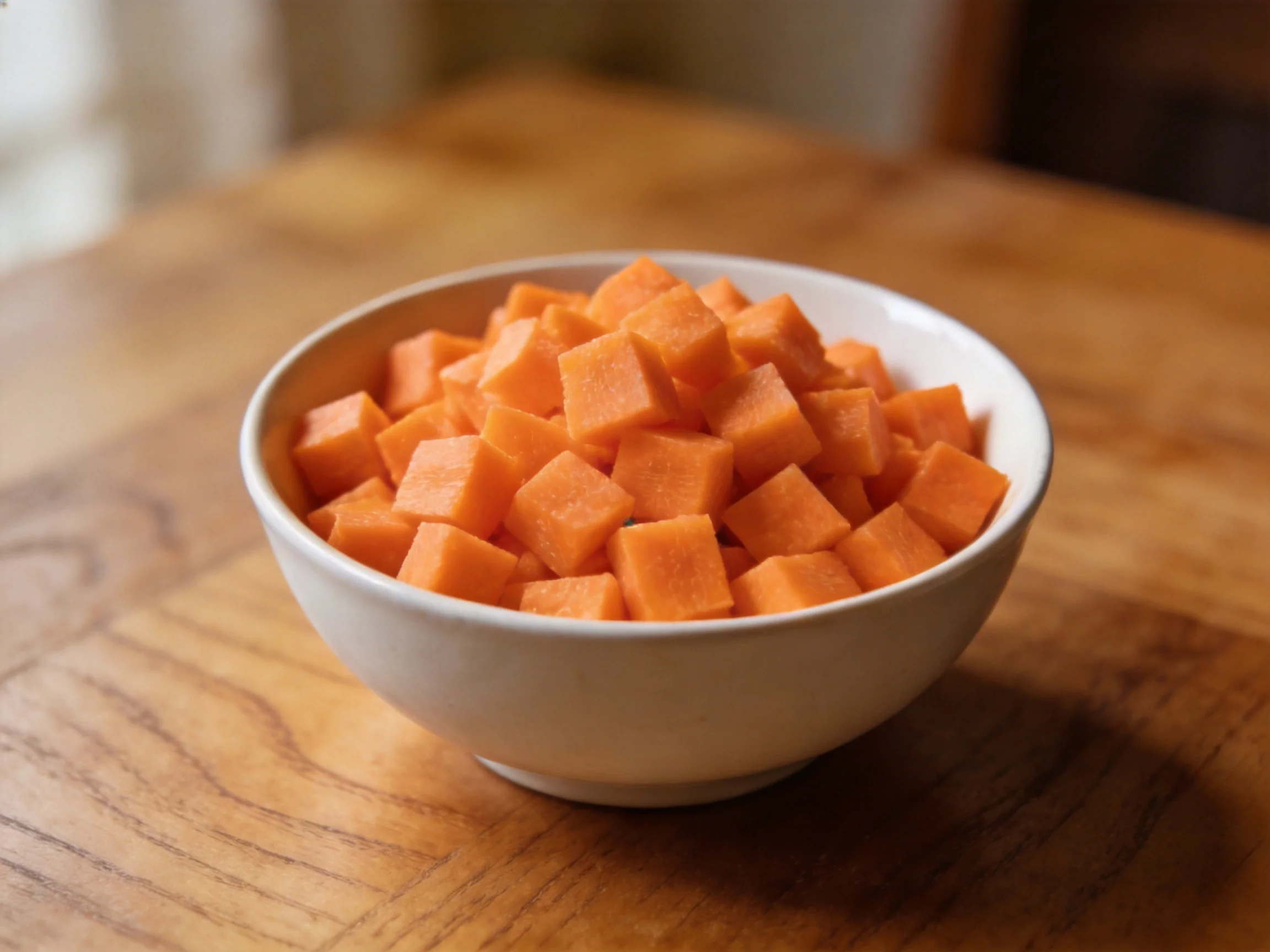 A white bowl holds numerous cubed orange vegetable cubes on a wooden table