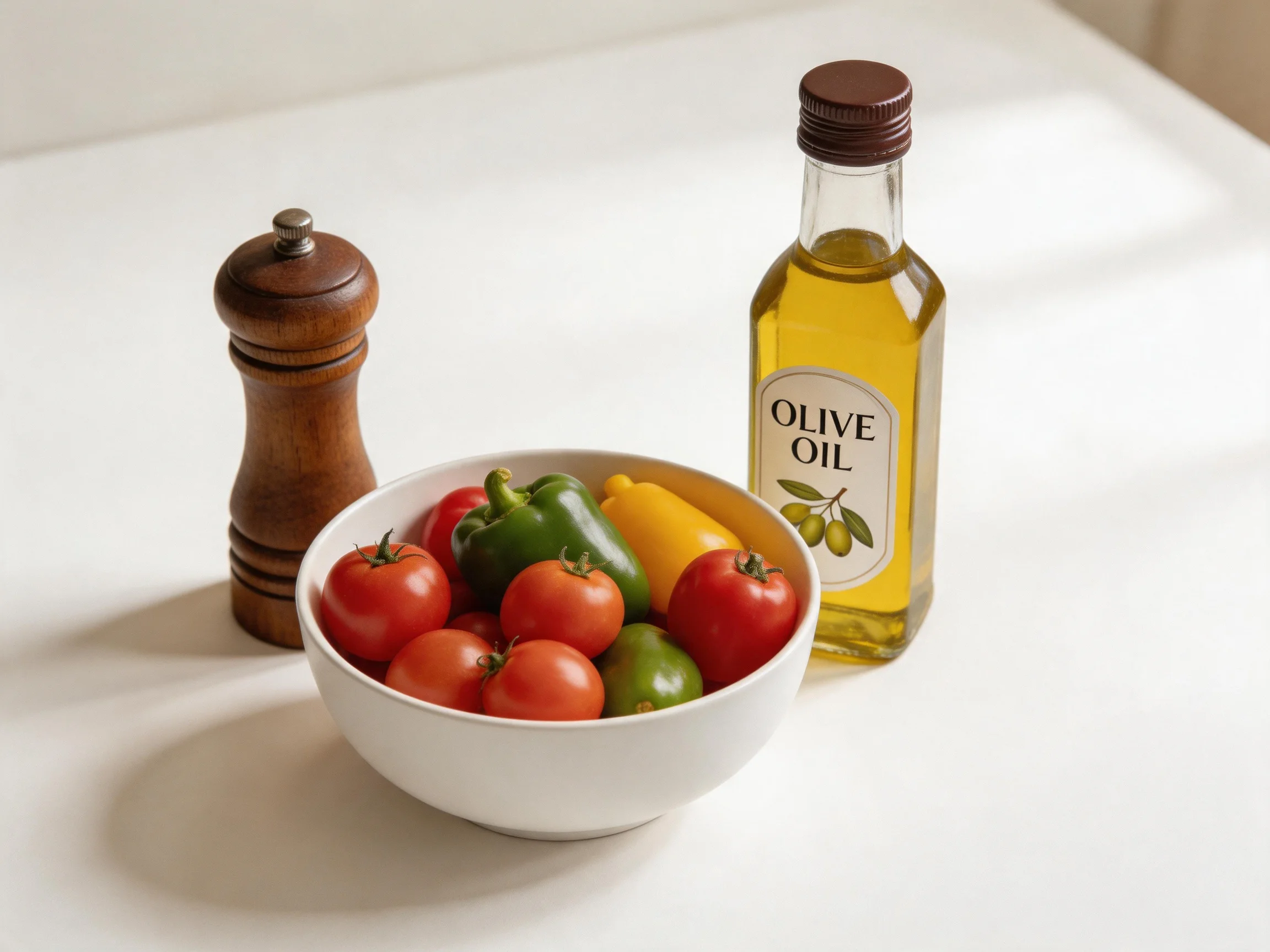 A white bowl holds red, green, yellow vegetables; olive oil bottle, wooden pepper grinder nearby