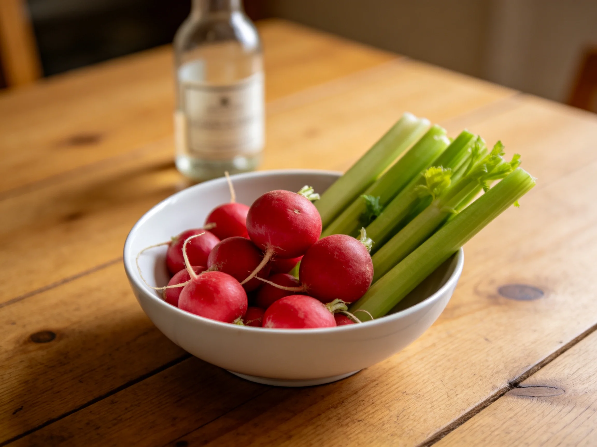 A white bowl holds red radishes and green celery on a wooden table with a glass bottle