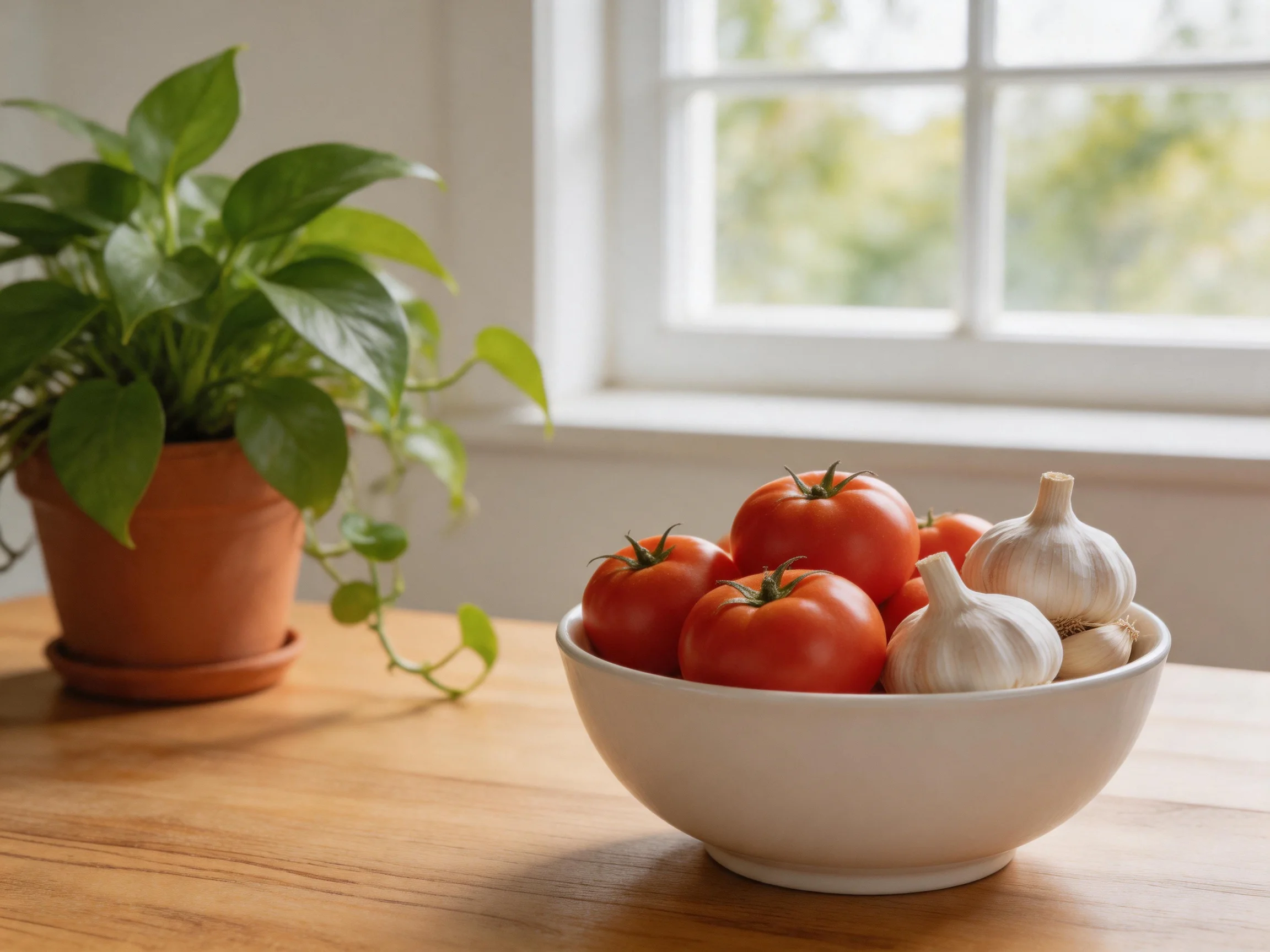 A white bowl holds red tomatoes, garlic, alongside a terracotta potted plant by a sunlit window