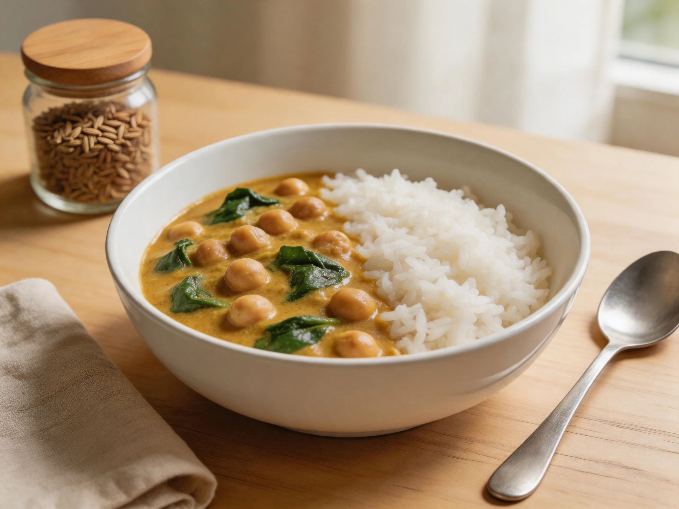 A white bowl holds rice and chickpea curry beside a metal spoon on a wooden table