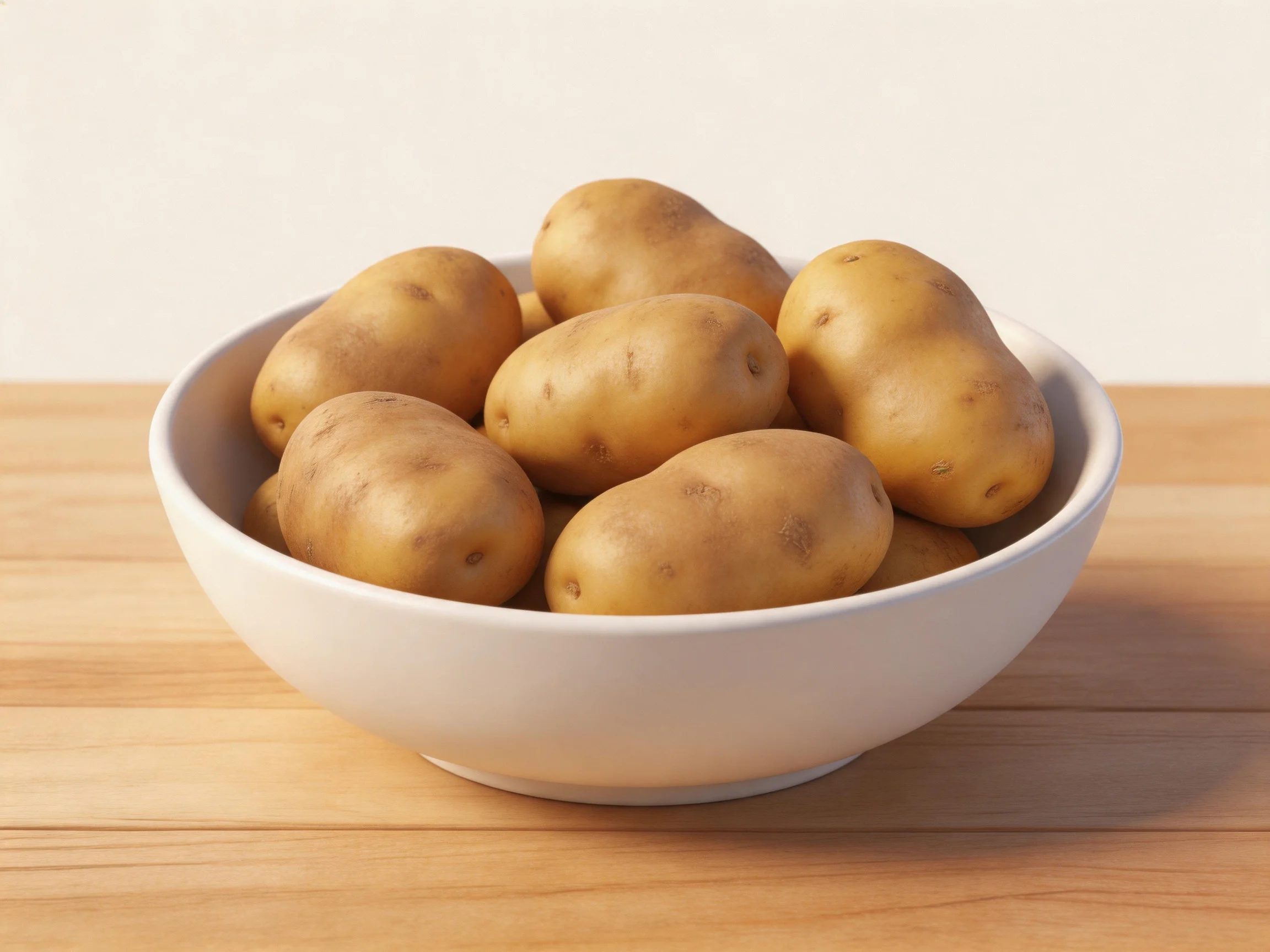 A white bowl holds several golden-brown potatoes on a wooden table
