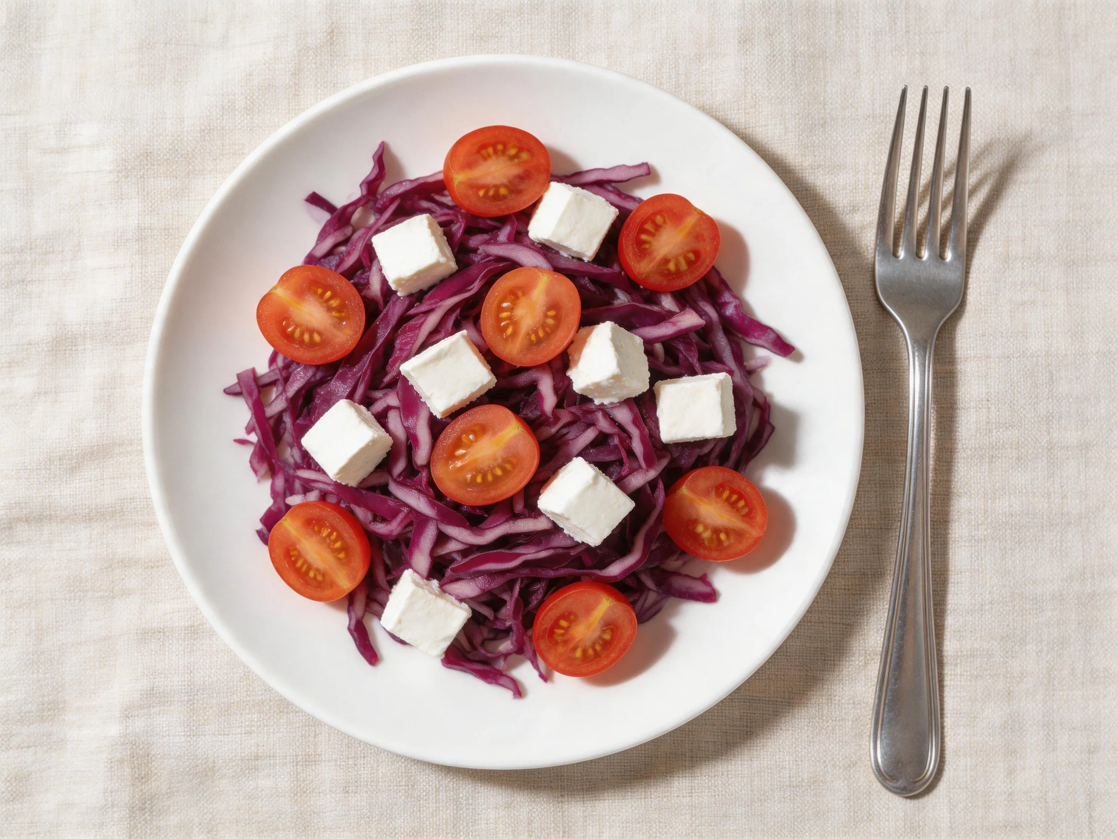 A white bowl holds shredded purple cabbage, cherry tomato halves, cubed white cheese, and a silver fo