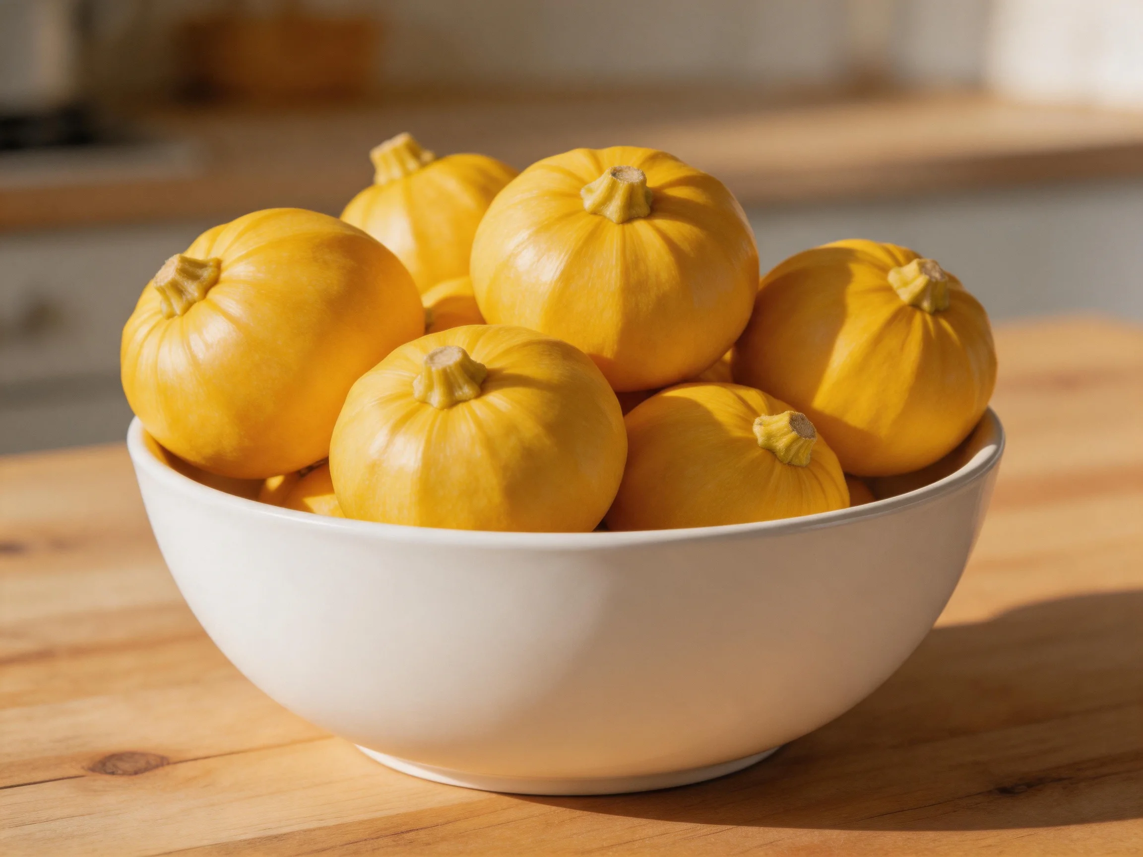 A white bowl holds six golden-yellow round squashes