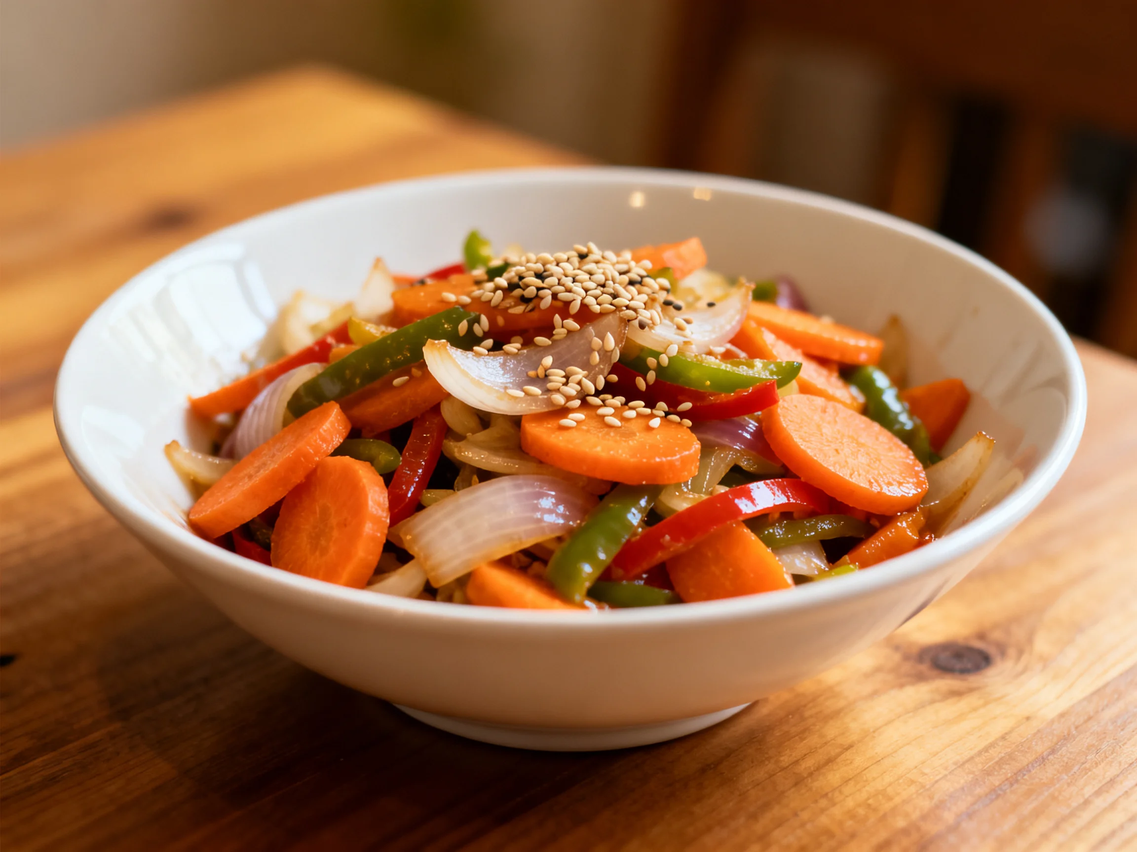 A white bowl holds sliced carrots, bell peppers, onions, and sesame seeds