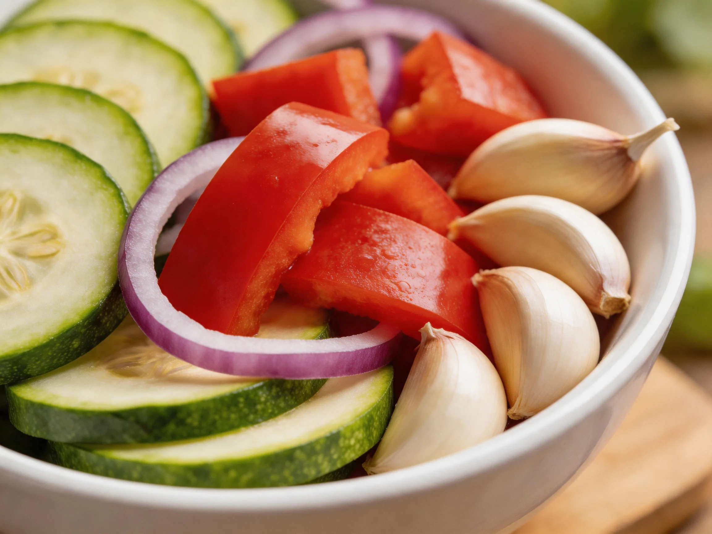 A white bowl holds sliced cucumbers, red peppers, red onions, and garlic cloves