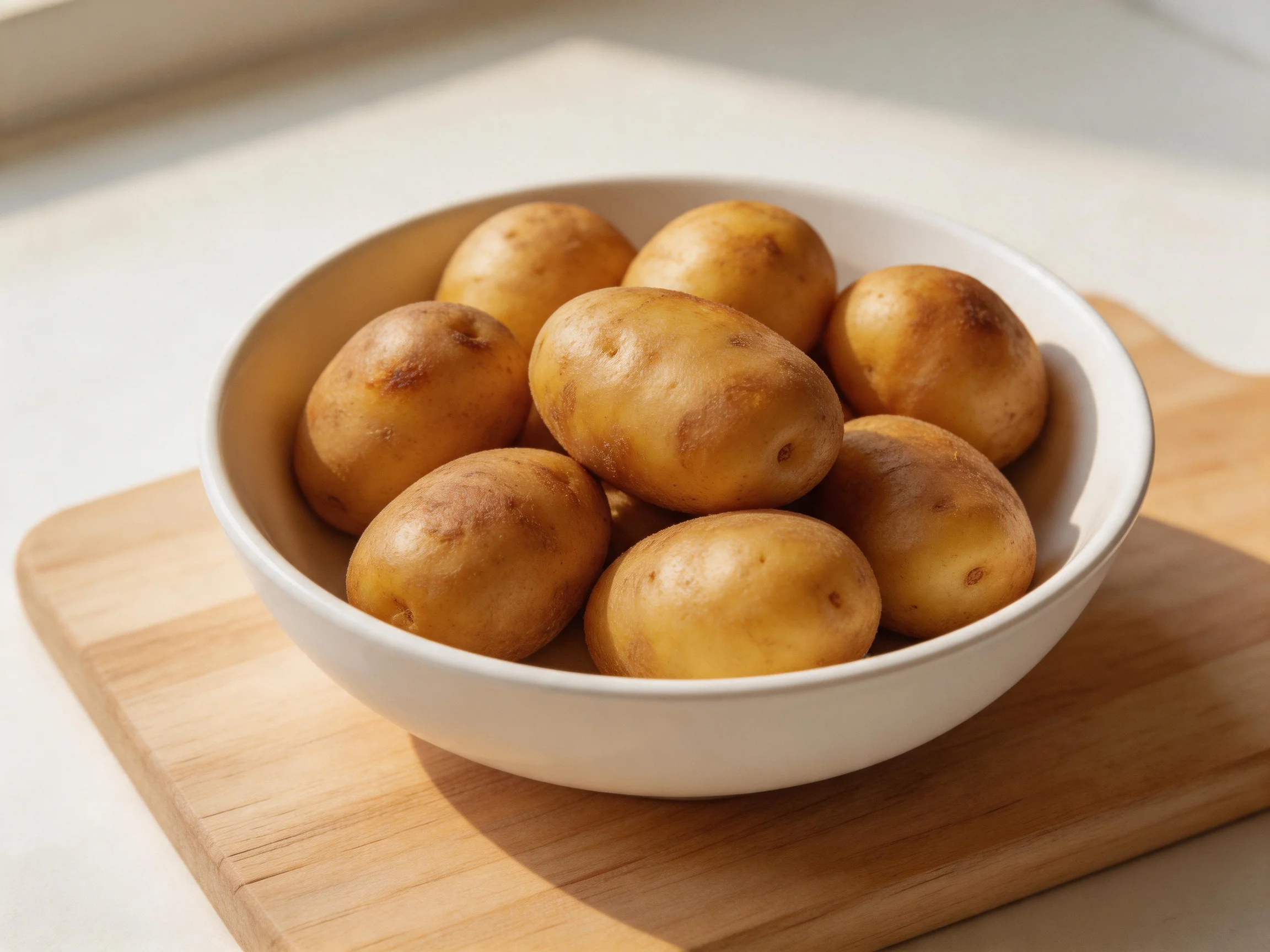 A white bowl holds small golden-brown potatoes on a wooden cutting board