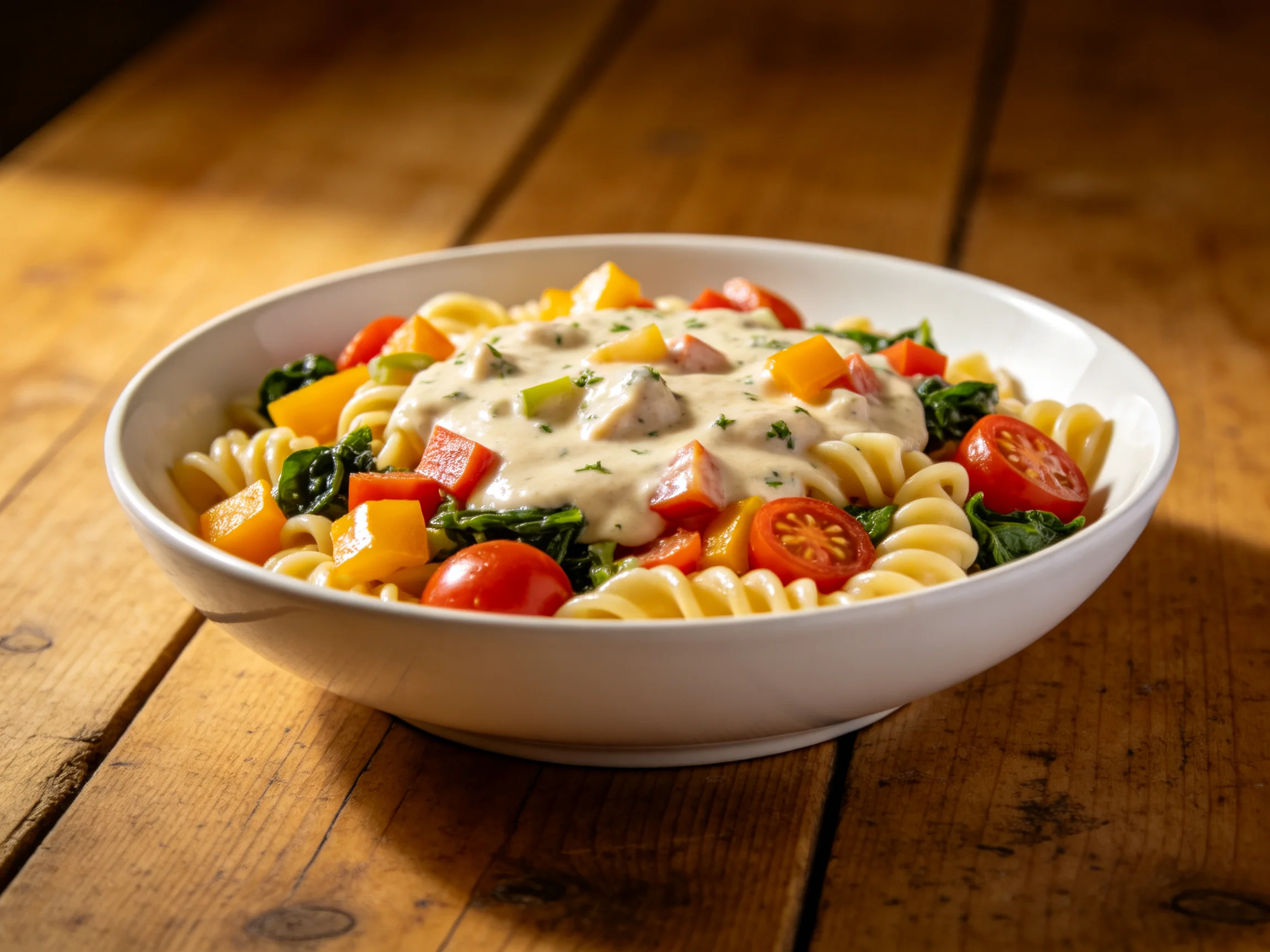 A white bowl holds spiral pasta, veggies, and creamy sauce on a wooden table