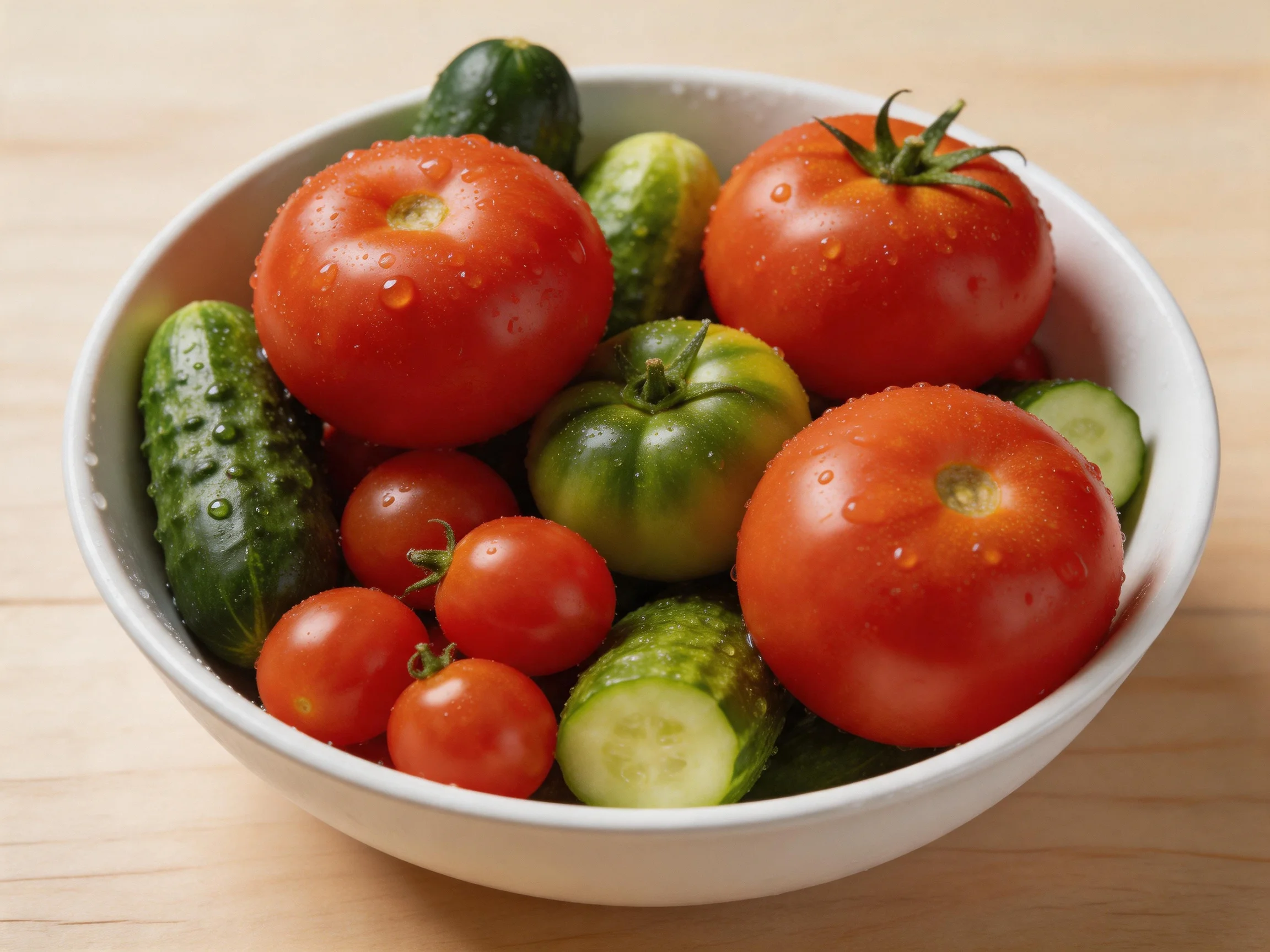 A white bowl holds vibrant red and green tomatoes with fresh cucumbers