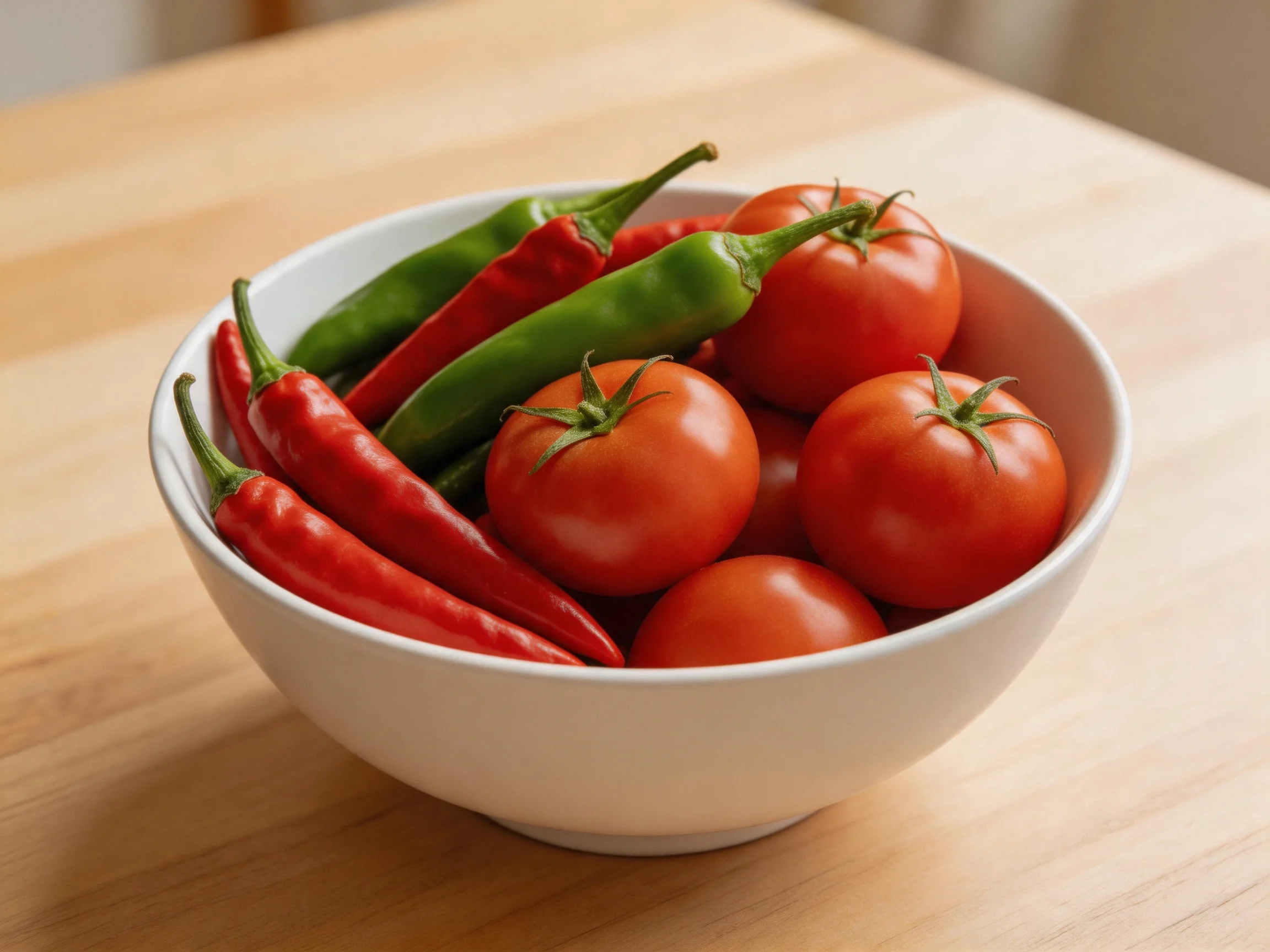 A white bowl holds vibrant red tomatoes and green-red chili peppers