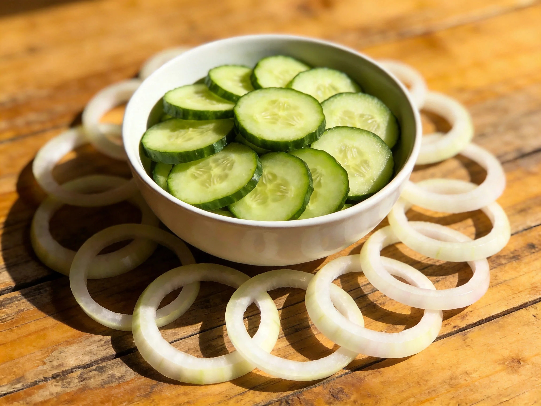 A white bowl of cucumber slices with onion rings on a wooden table