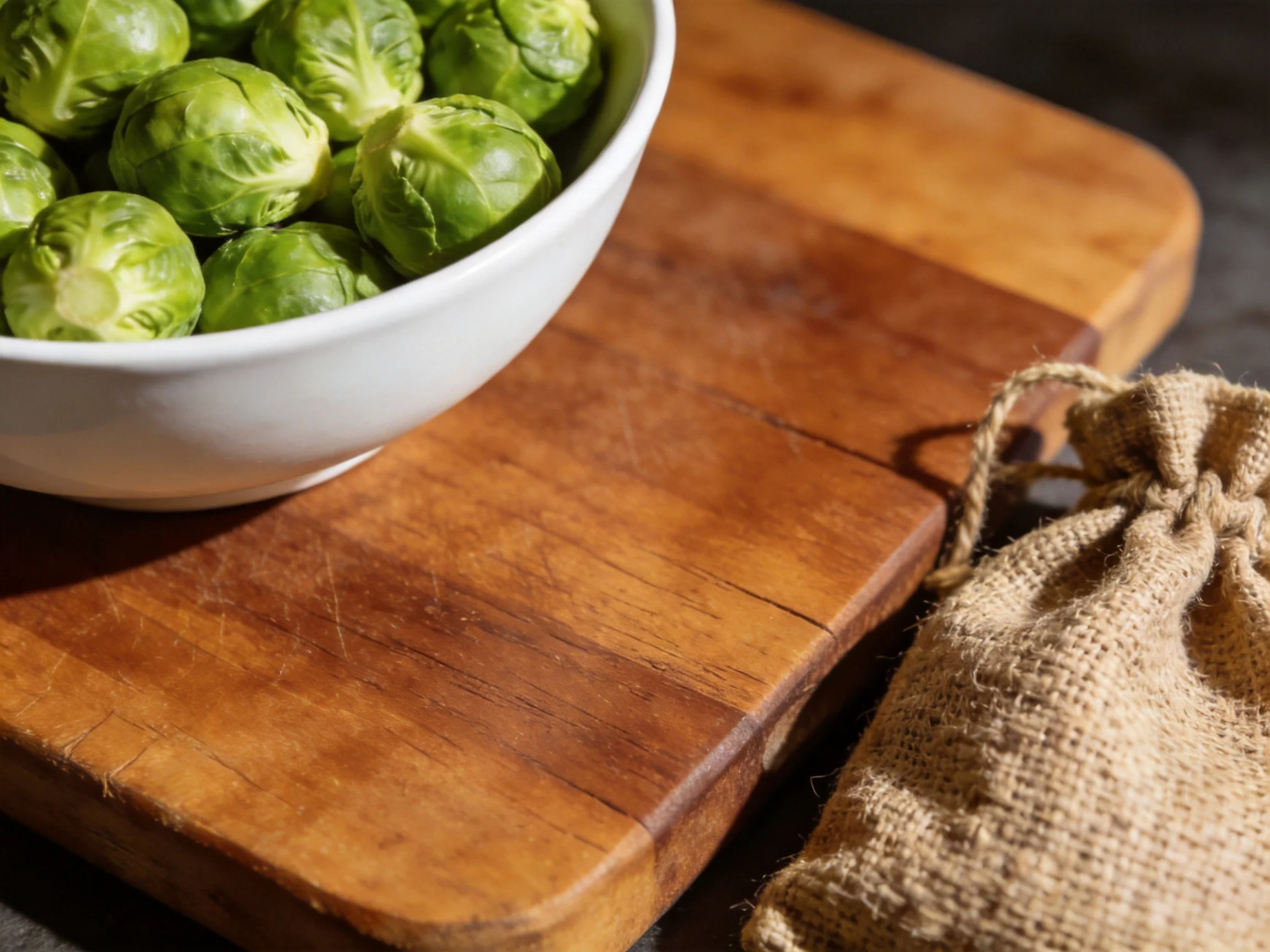 A white bowl of fresh green Brussels sprouts on a wooden cutting board