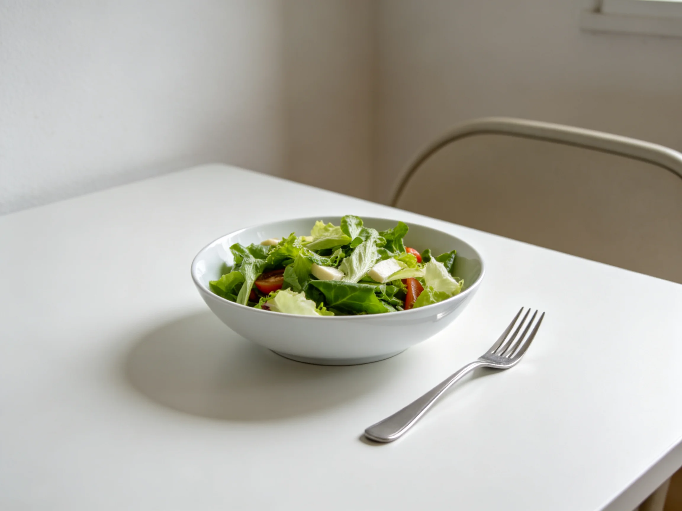 A white bowl of fresh green salad on a plain white table