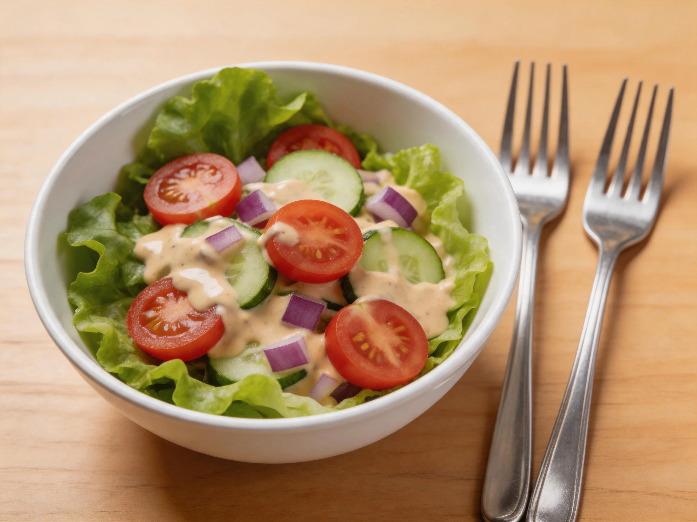 A white bowl of mixed salad with tomatoes, cucumbers, and dressing next to two forks