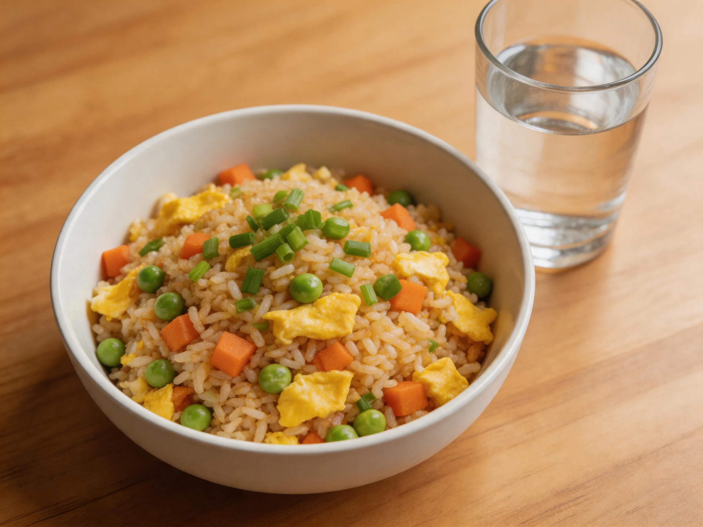A white bowl of mixed vegetable fried rice beside a clear water glass