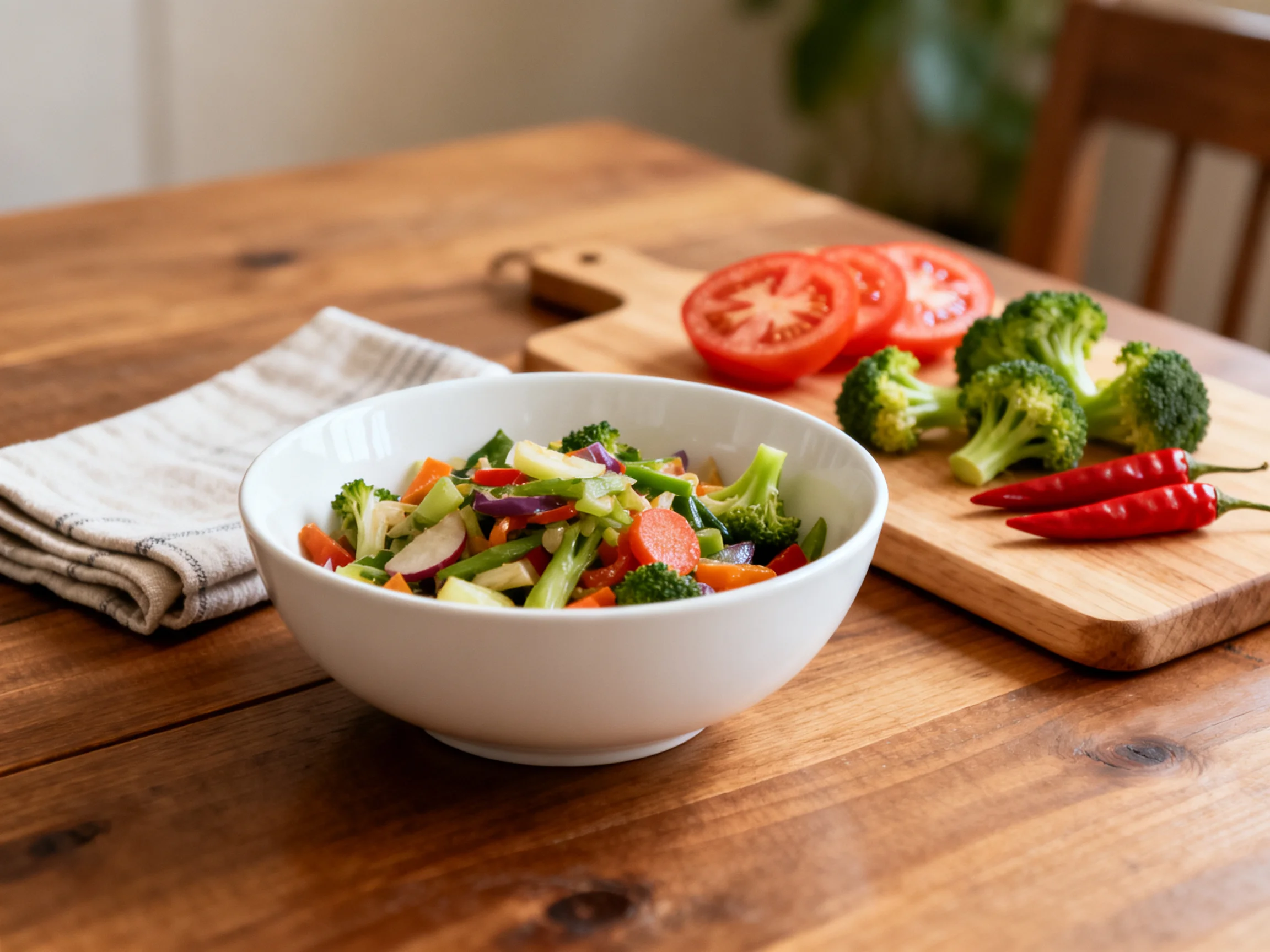 A white bowl of mixed vegetables sits on a wooden table near fresh produce