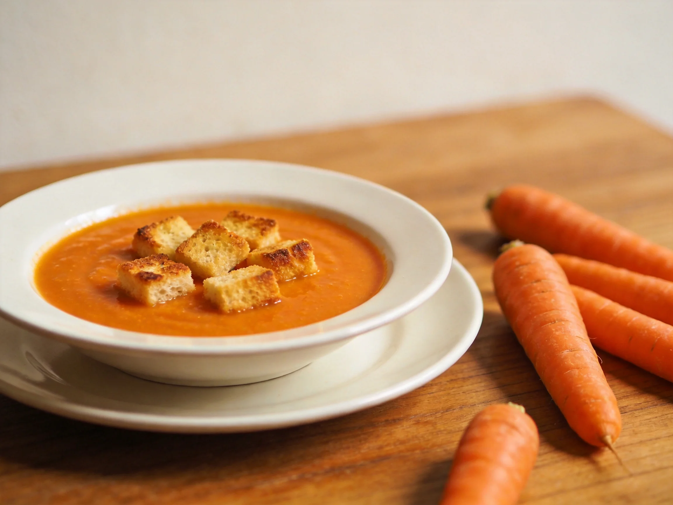 A white bowl of smooth orange soup with toasted croutons, fresh carrots nearby