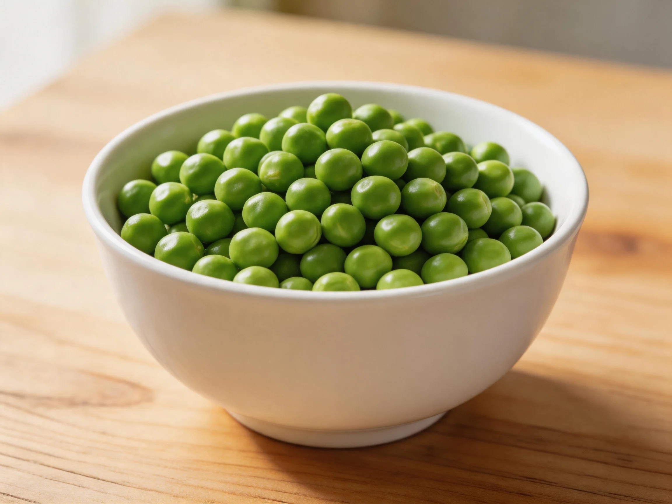 A white bowl overflowing with fresh green peas on a wooden surface