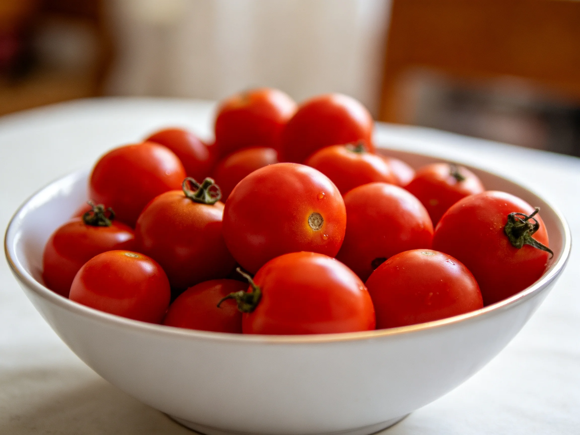 A white bowl overflowing with plump red cherry tomatoes