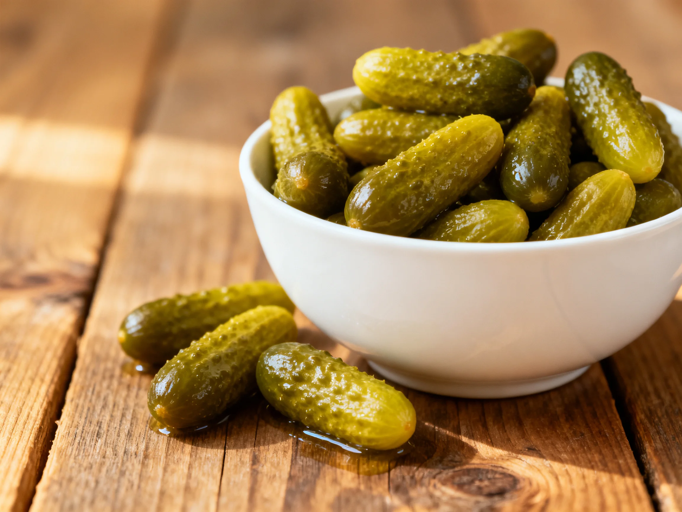 A white bowl overflowing with small pickled cucumbers on a rustic wooden table