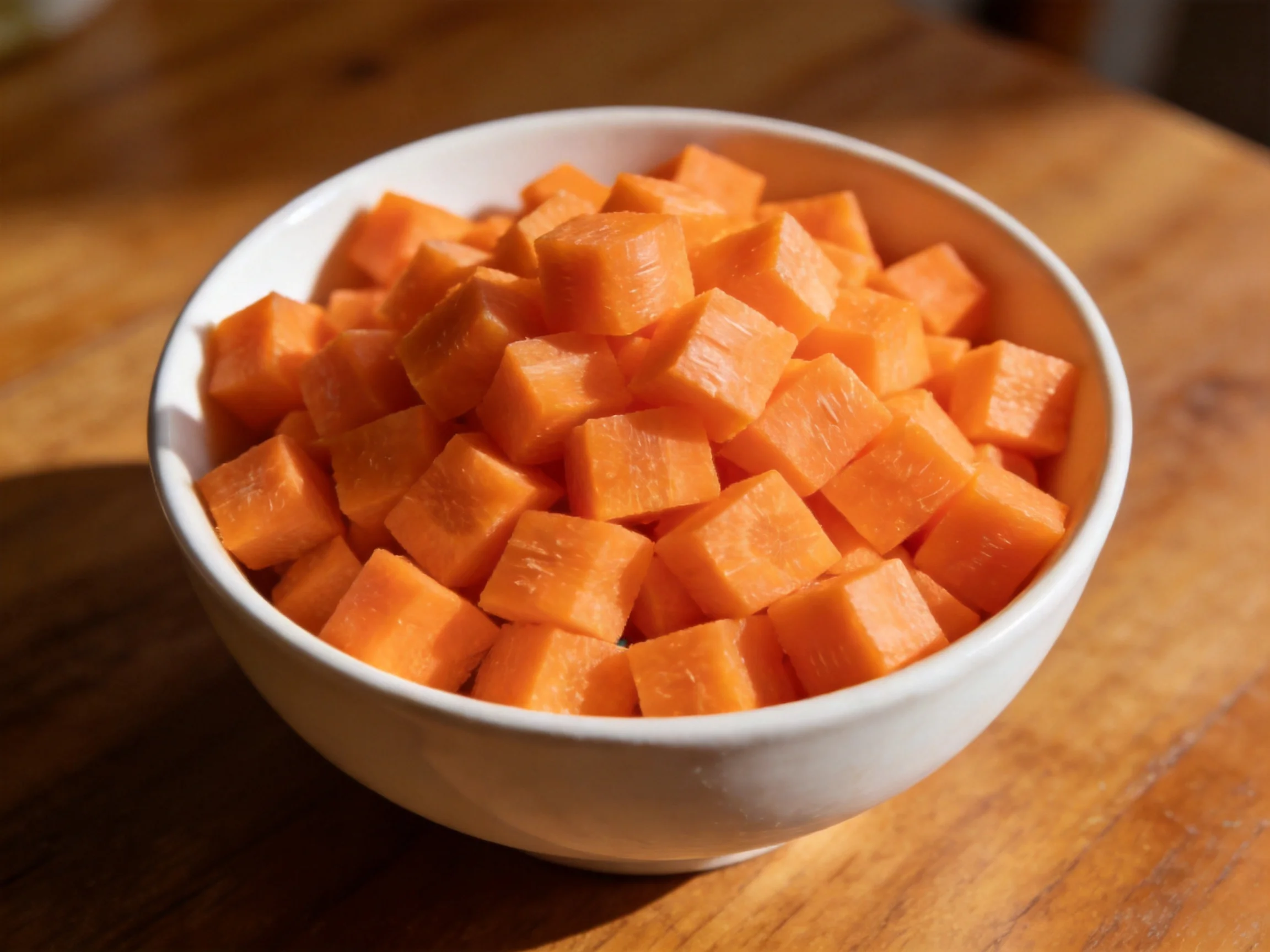 A white bowl overflowingly filled with cubed orange vegetables on a wooden table