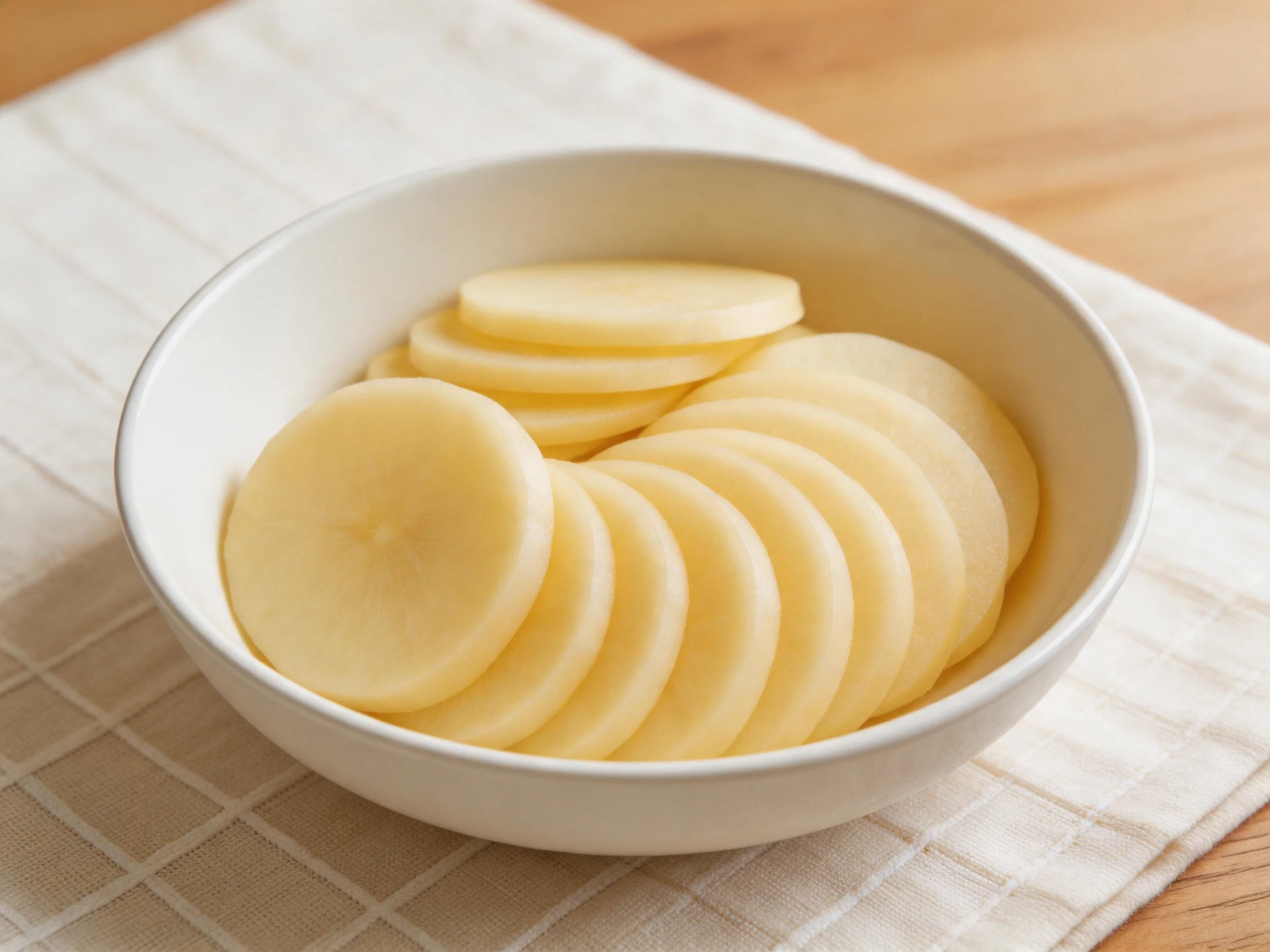 A white bowl with neatly sliced pale potatoes on a checkered cloth