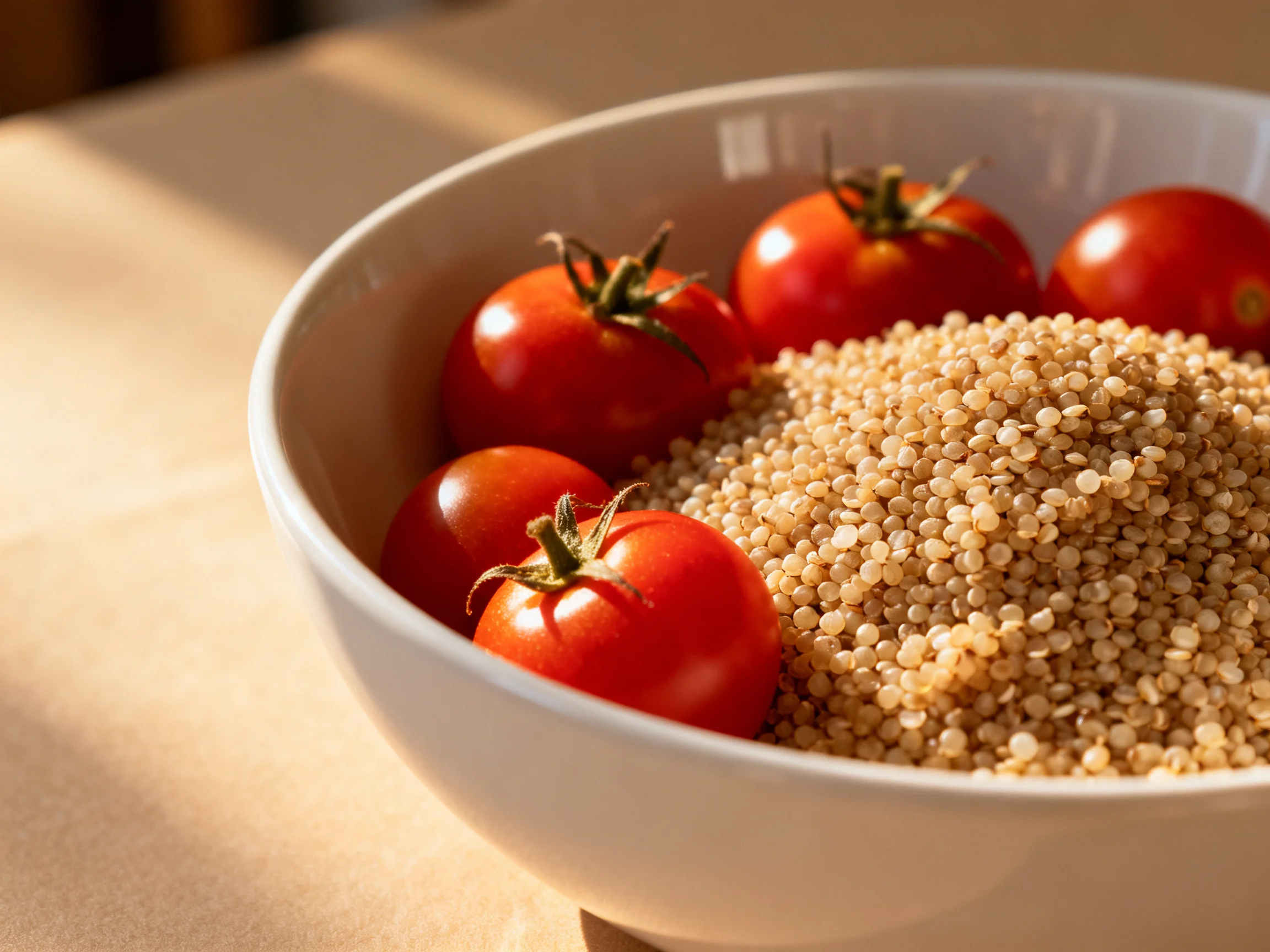 A white bowl with quinoa and cherry tomatoes