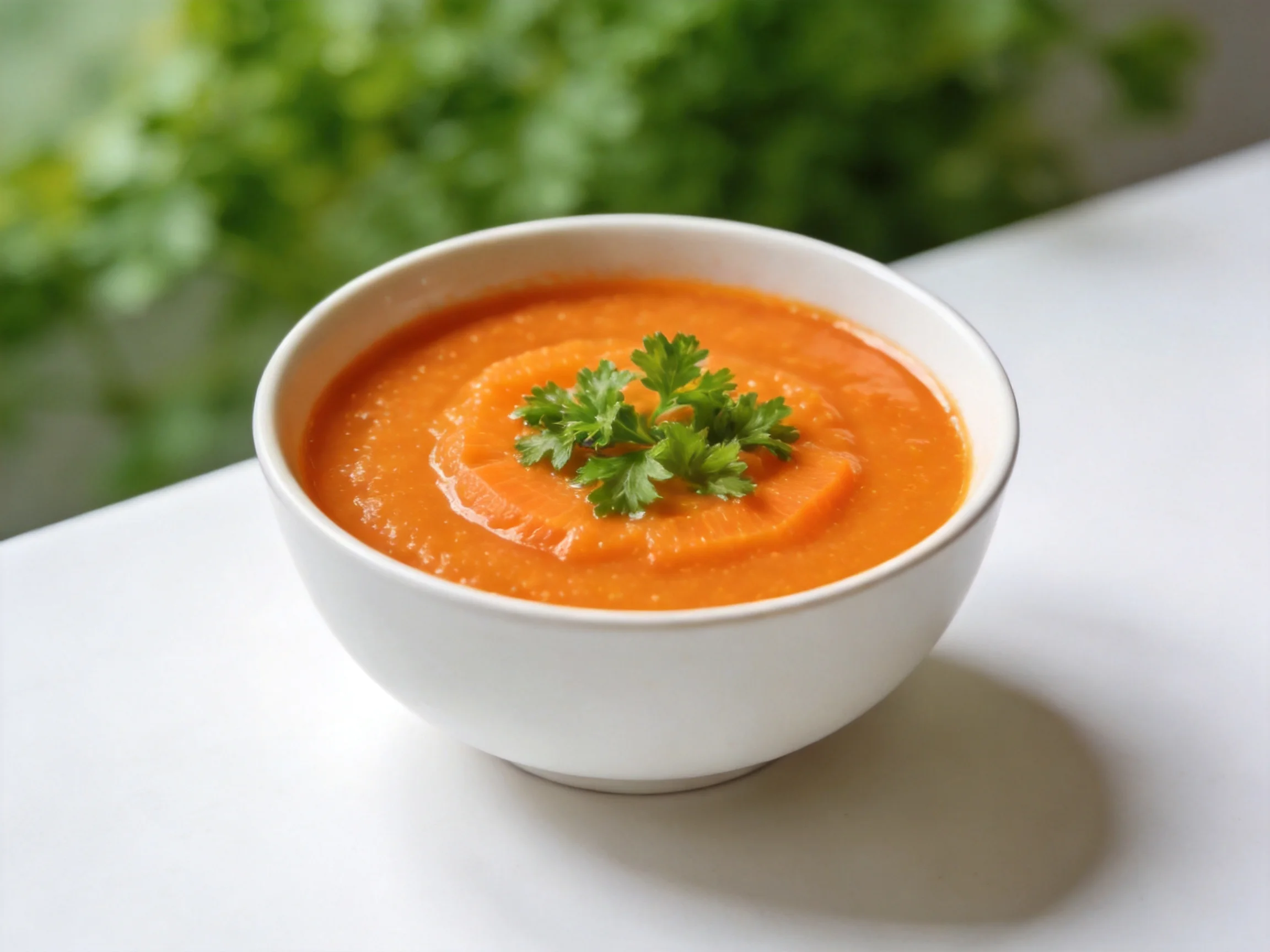 A white bowl with smooth orange soup garnished with fresh herbs