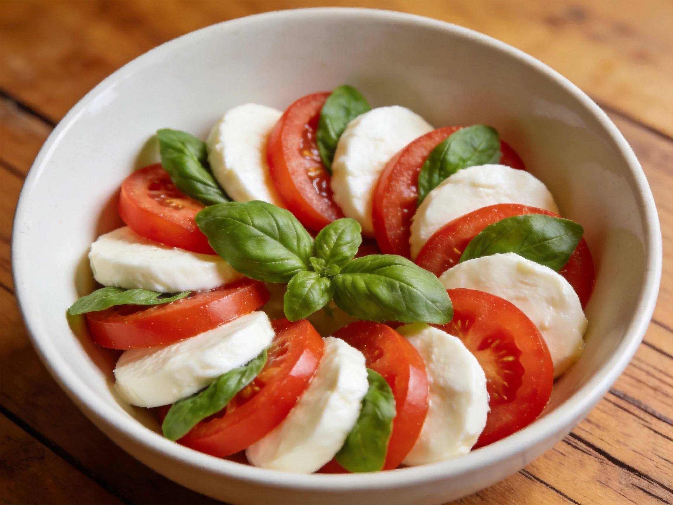 A white bowl with tomato, mozzarella, and basil slices
