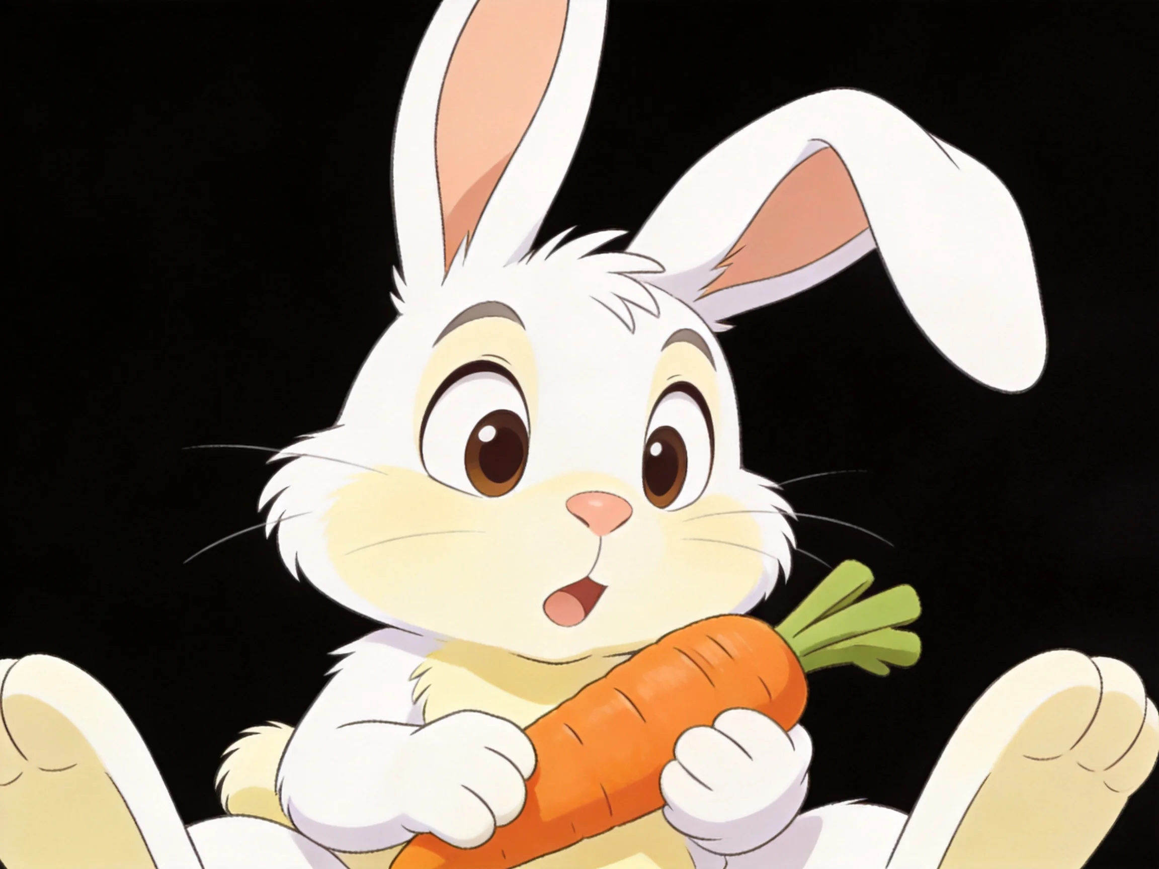 A white cartoon rabbit with long ears holds an orange carrot
