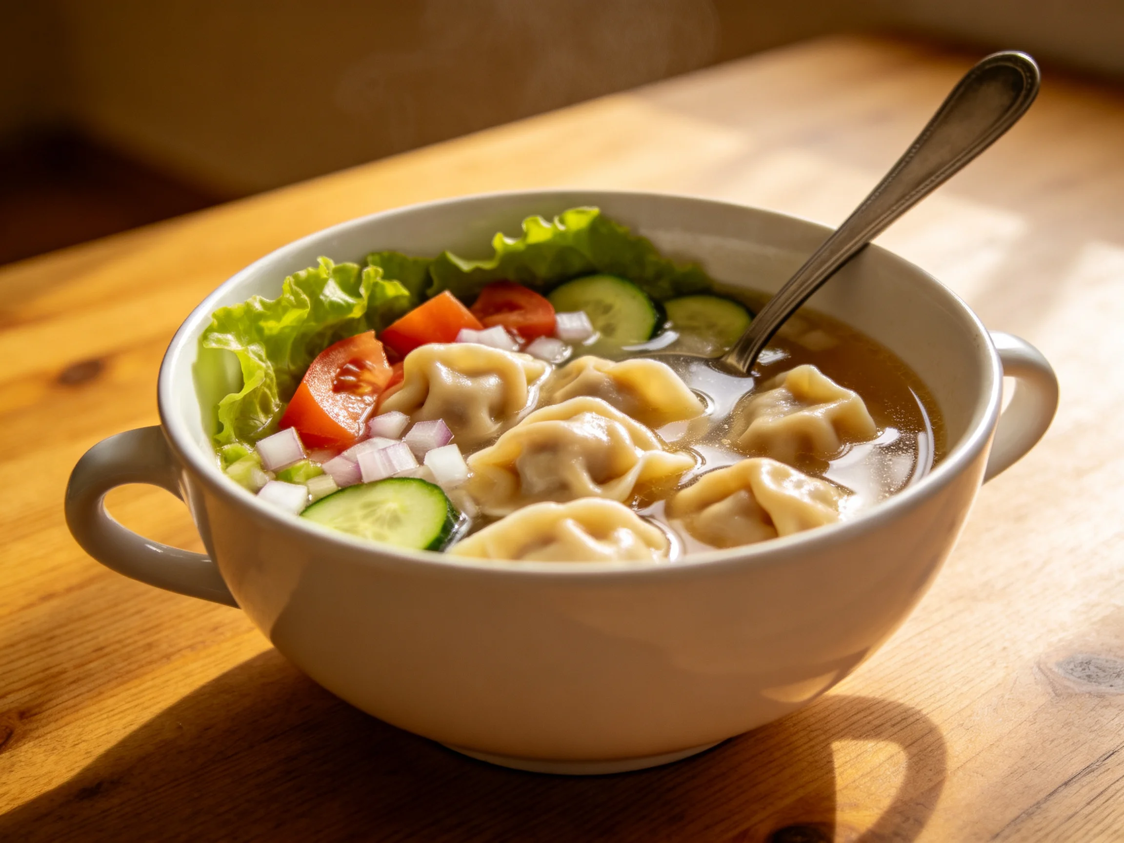 A white ceramic bowl holds dumpling soup with fresh vegetables on a wooden table