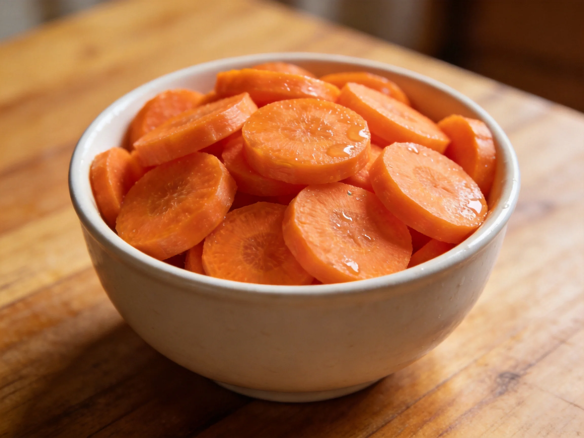 A white ceramic bowl holds numerous sliced bright orange carrots