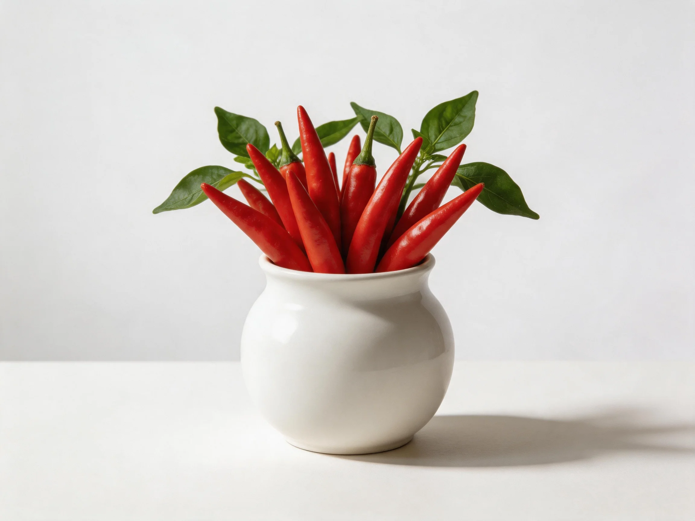 A white ceramic vase holds vibrant red chili peppers with green leaves