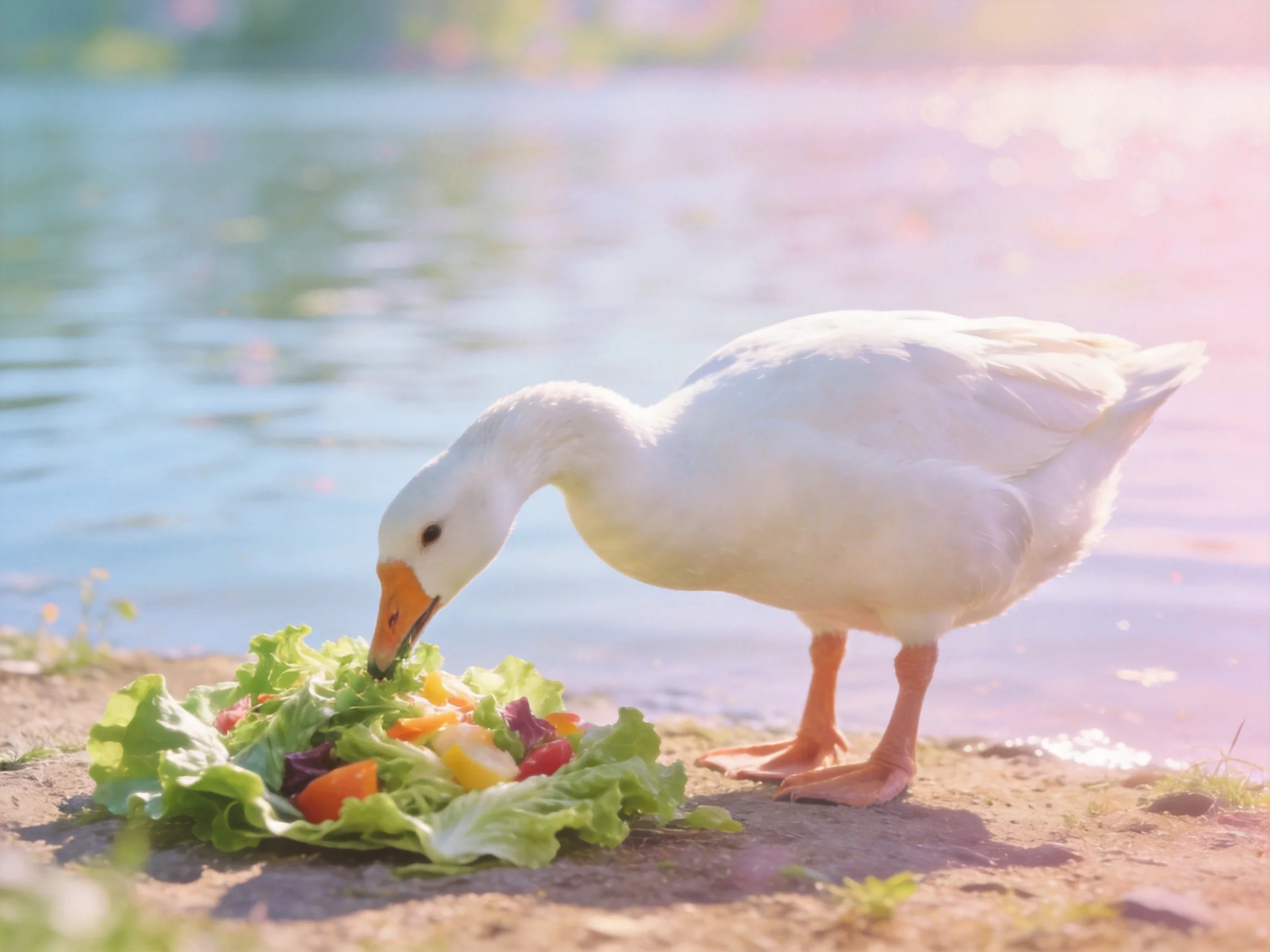 A white duck feeding on a vibrant vegetable salad by a calm lakeshore
