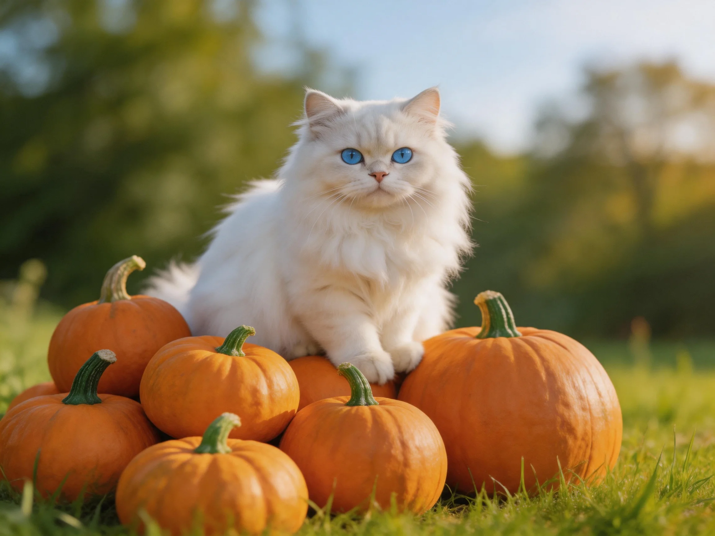 A white fluffy cat with blue eyes sits atop multiple orange pumpkins outdoors
