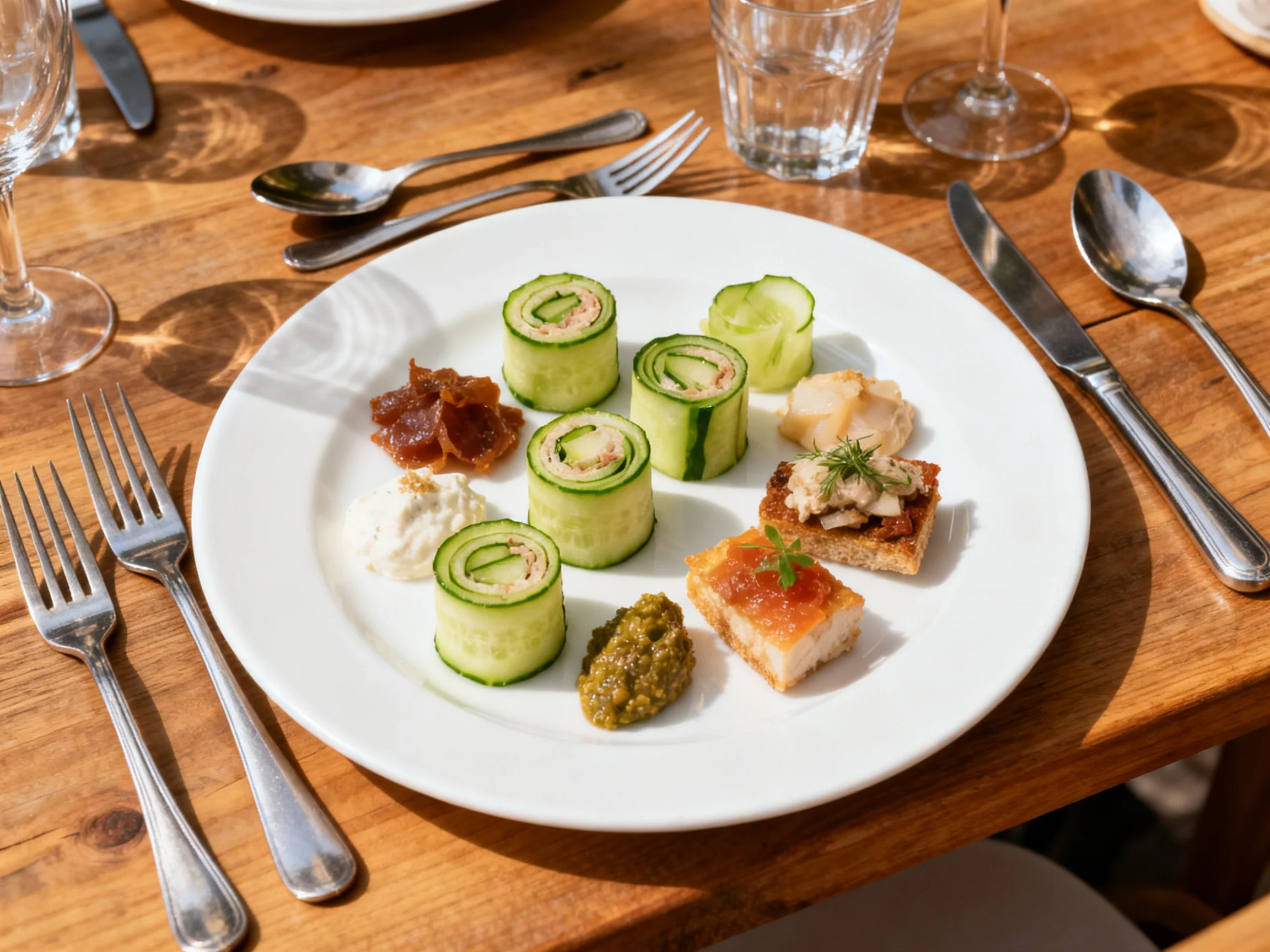 A white plate displays assorted appetizer bites on a wooden table