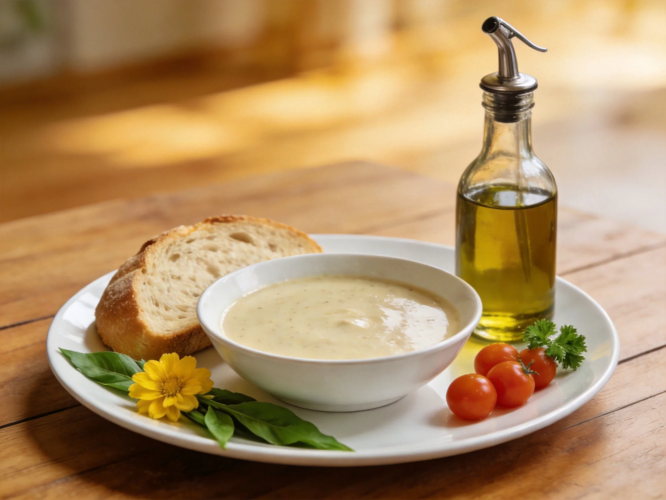 A white plate displays bread, soup, cherry tomatoes, and herbs beside olive oil
