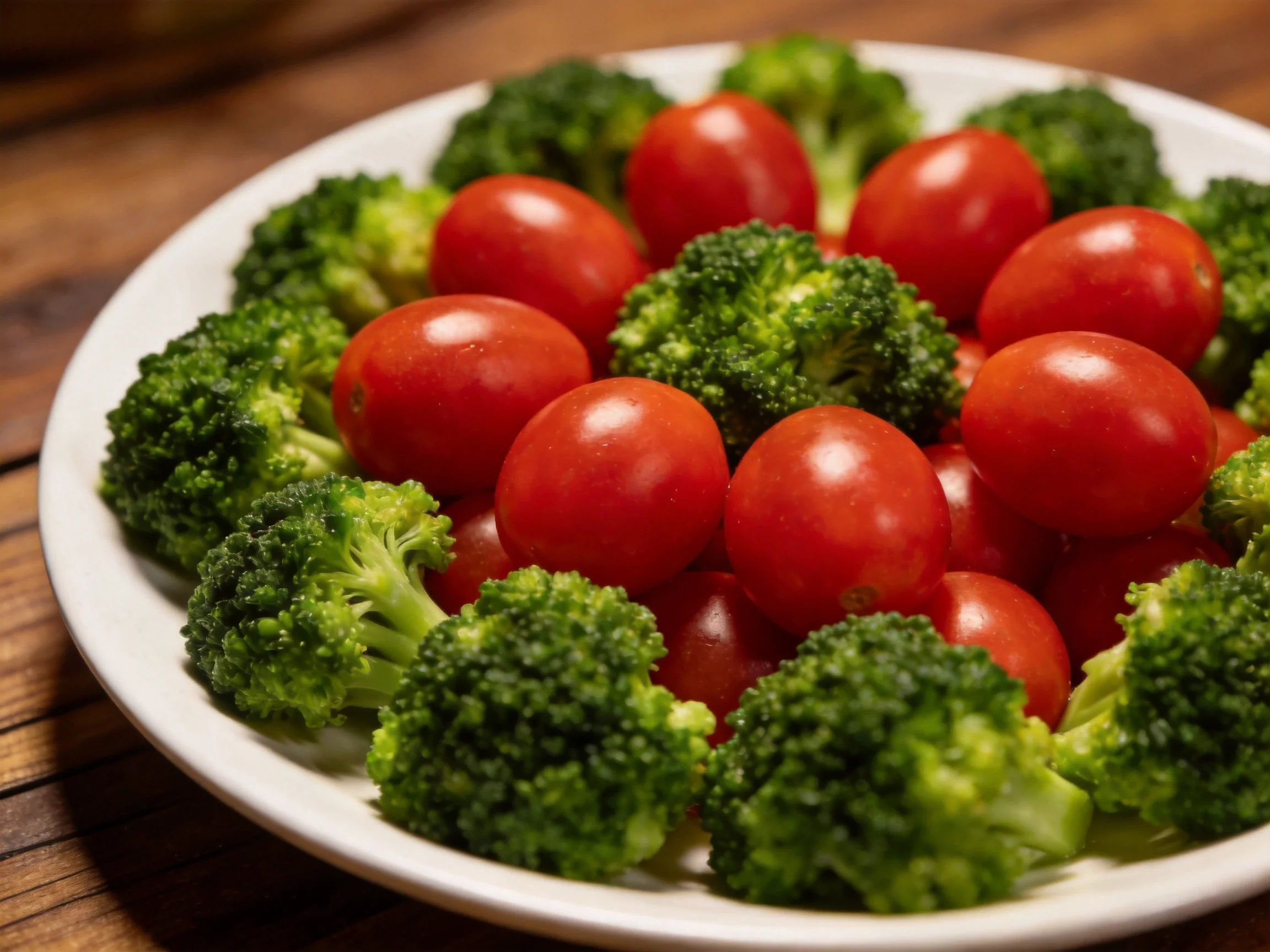 A white plate displays cherry tomatoes and broccoli florets