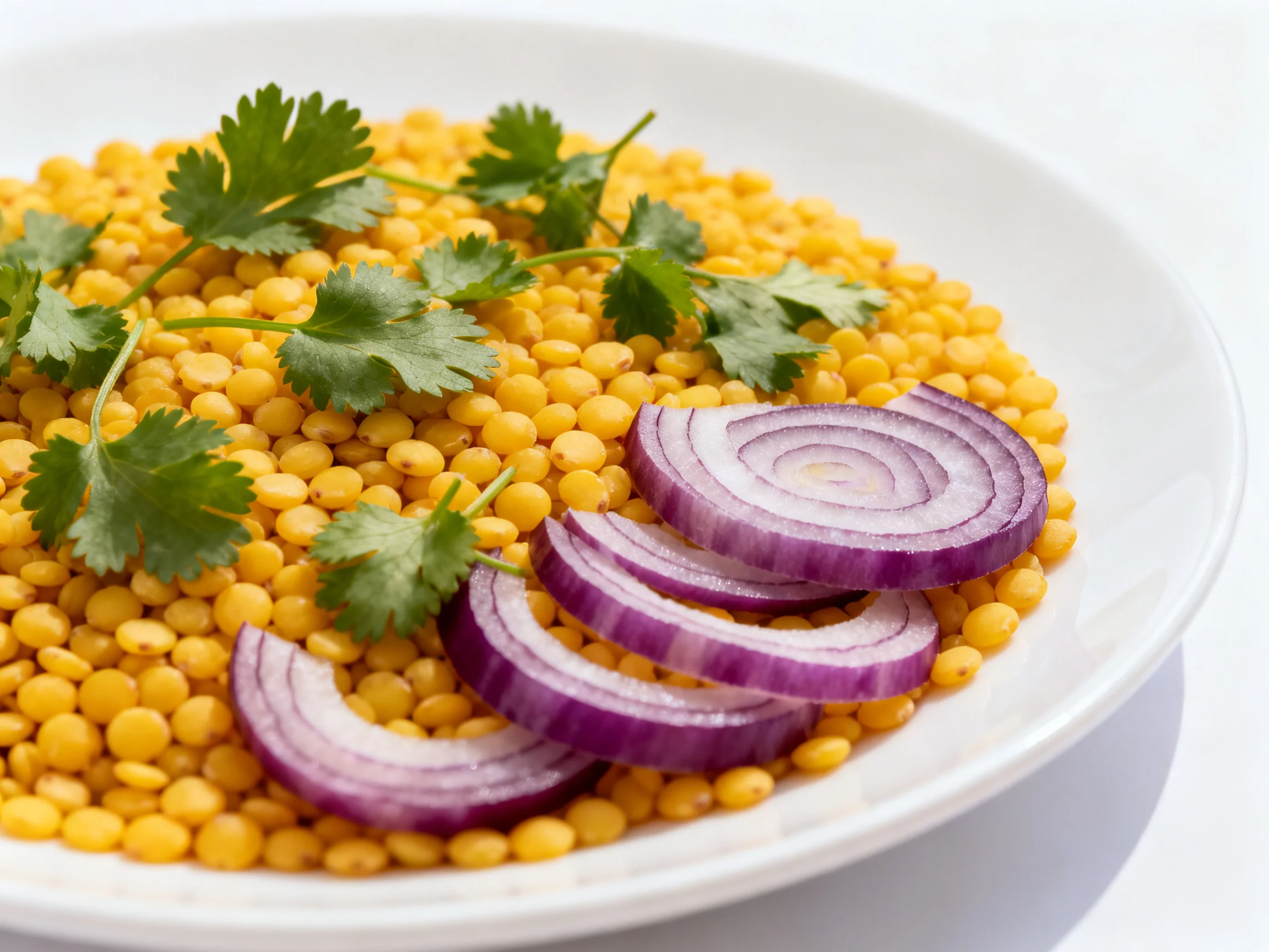 A white plate displays yellow lentils, purple onion slices, and fresh cilantro