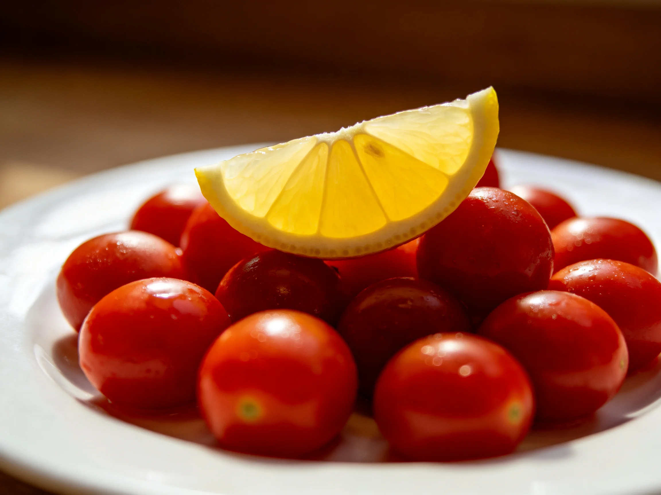 A white plate filled with glossy cherry tomatoes and a lemon wedge
