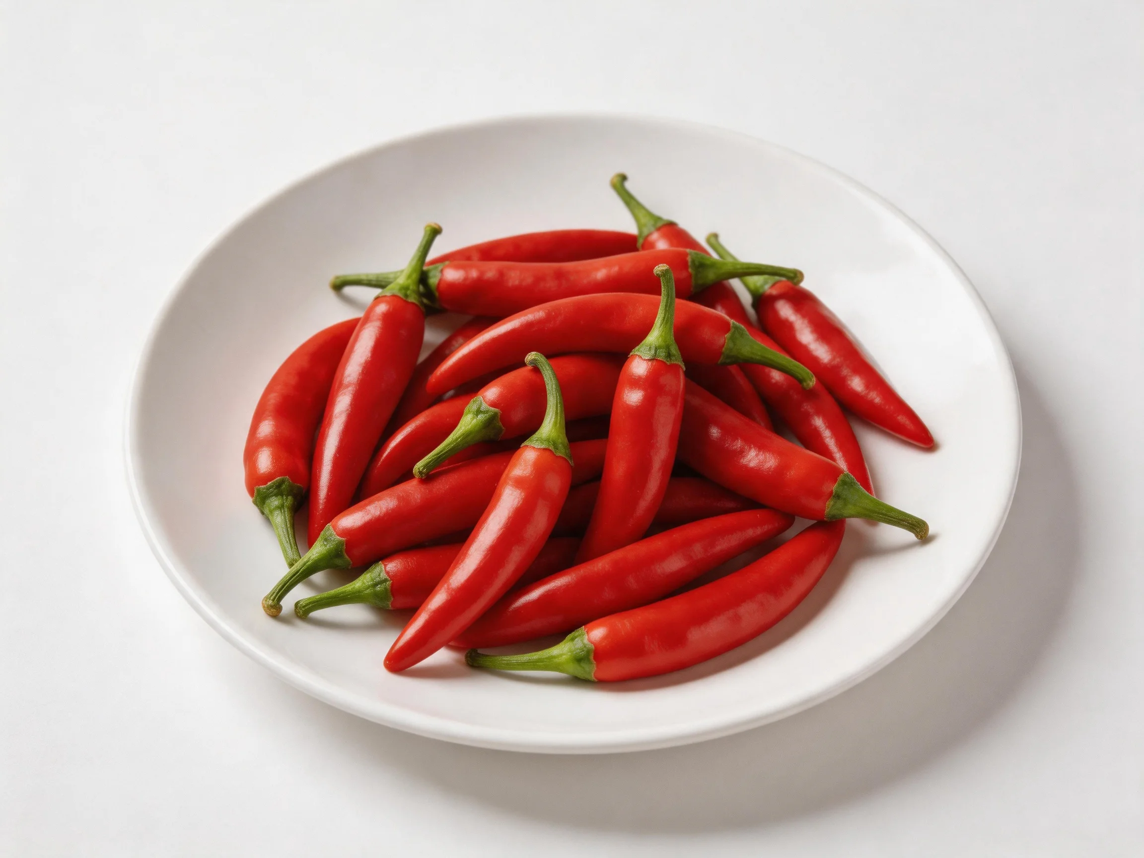 A white plate holds a cluster of glossy red chili peppers