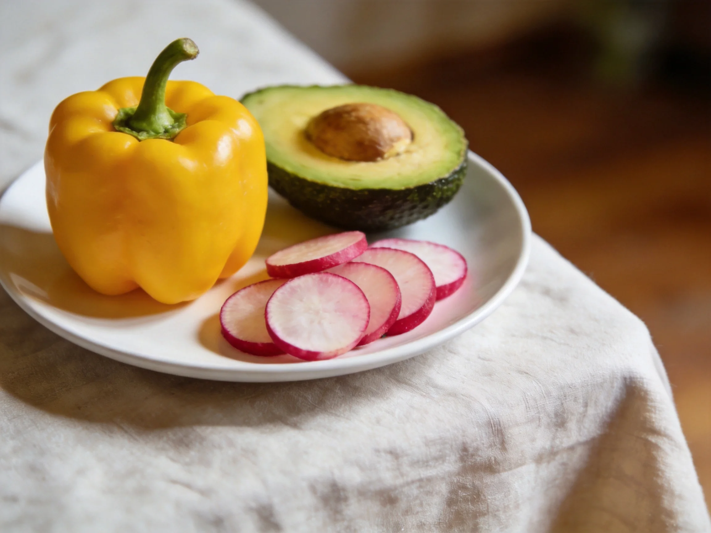 A white plate holds a yellow bell pepper, avocado half, and sliced red radishes