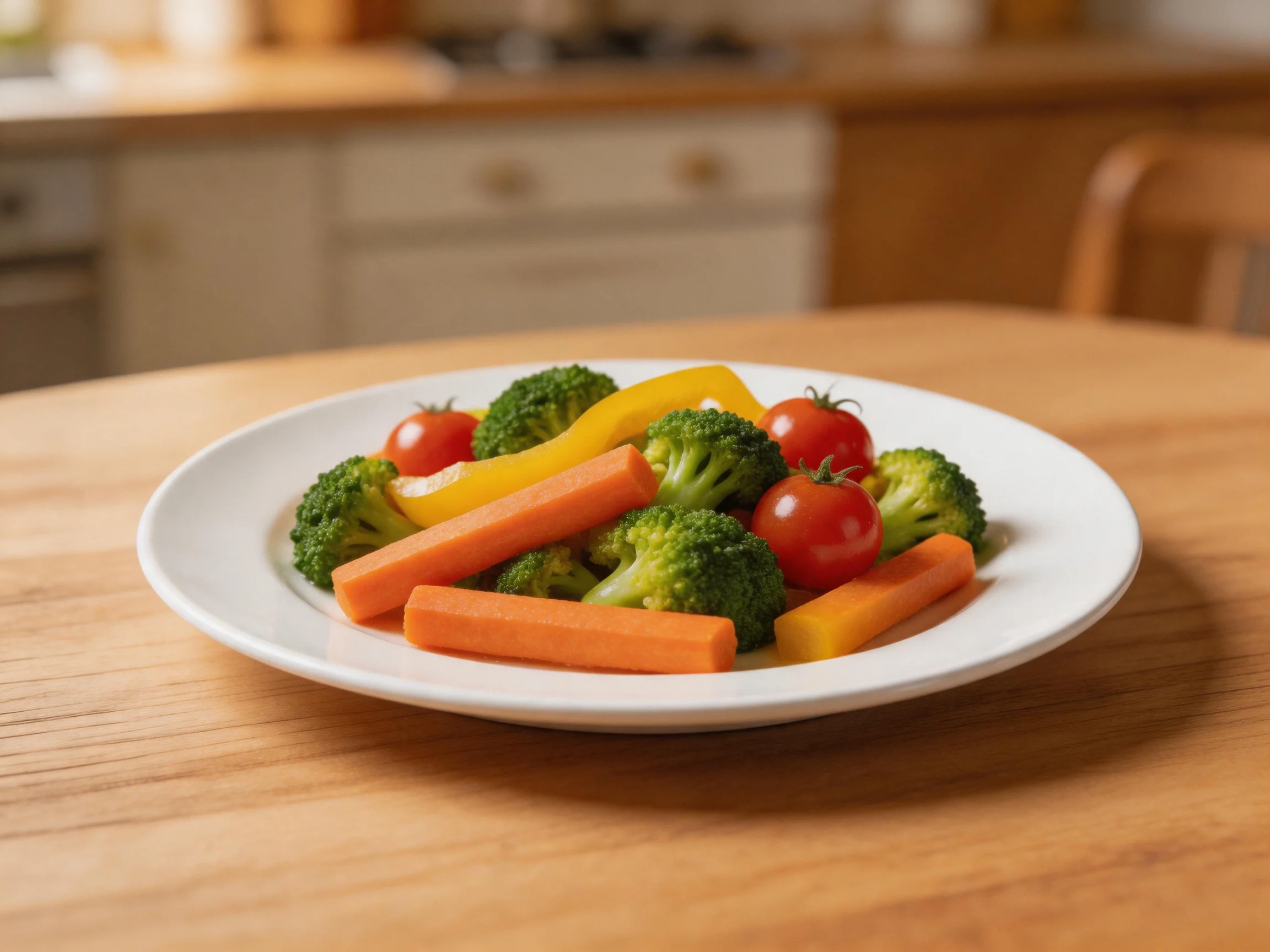 A white plate holds an assortment of fresh vegetables on a wooden table