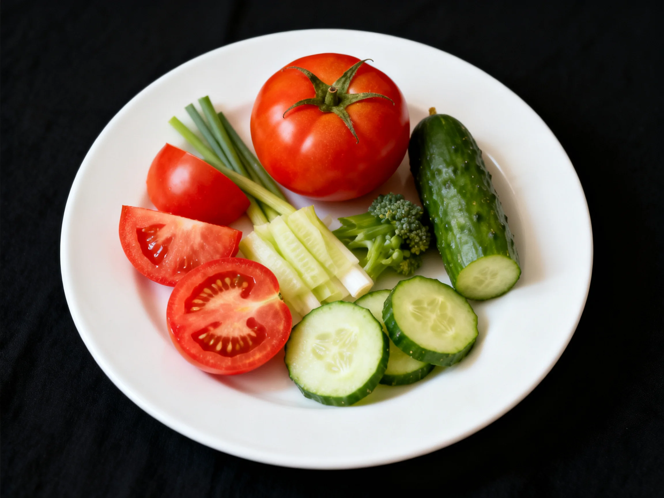 A white plate holds assorted tomatoes, cucumbers, broccoli, and scallions