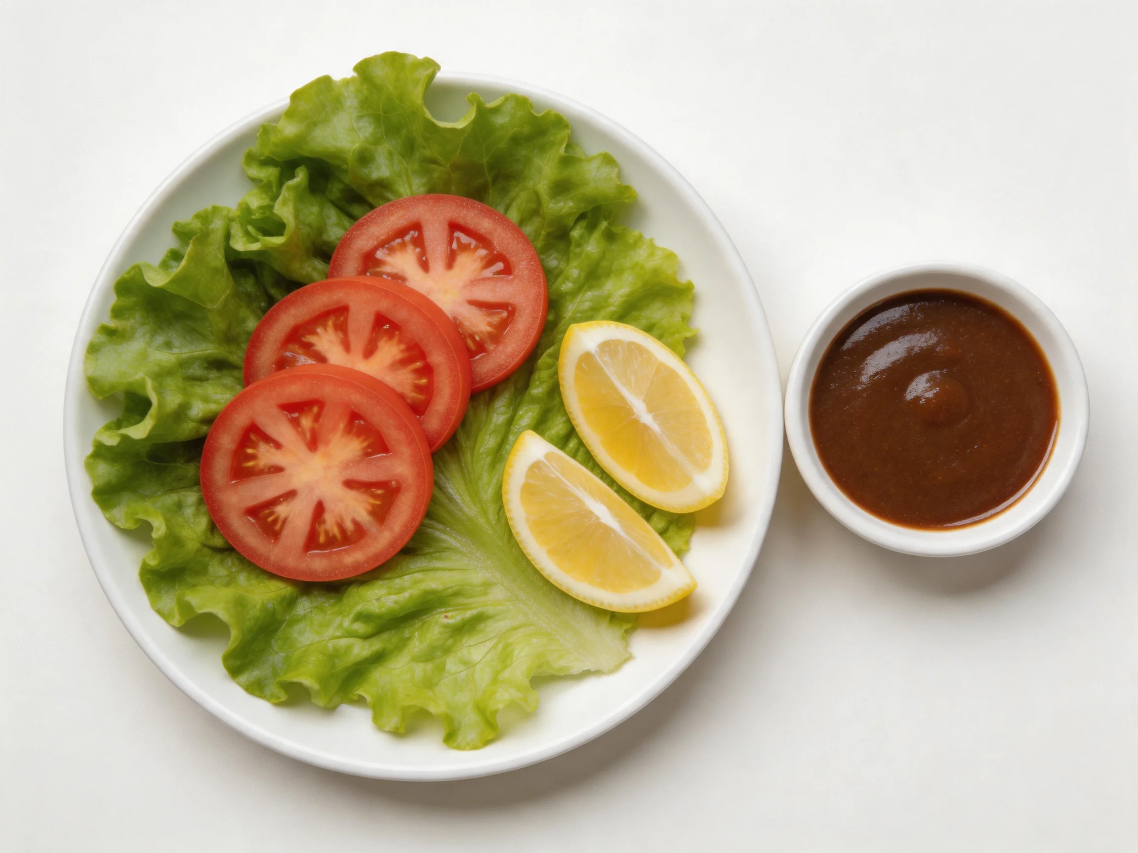 A white plate holds crisp green lettuce, sliced red tomatoes, yellow lemon wedges, and a brown sauce 
